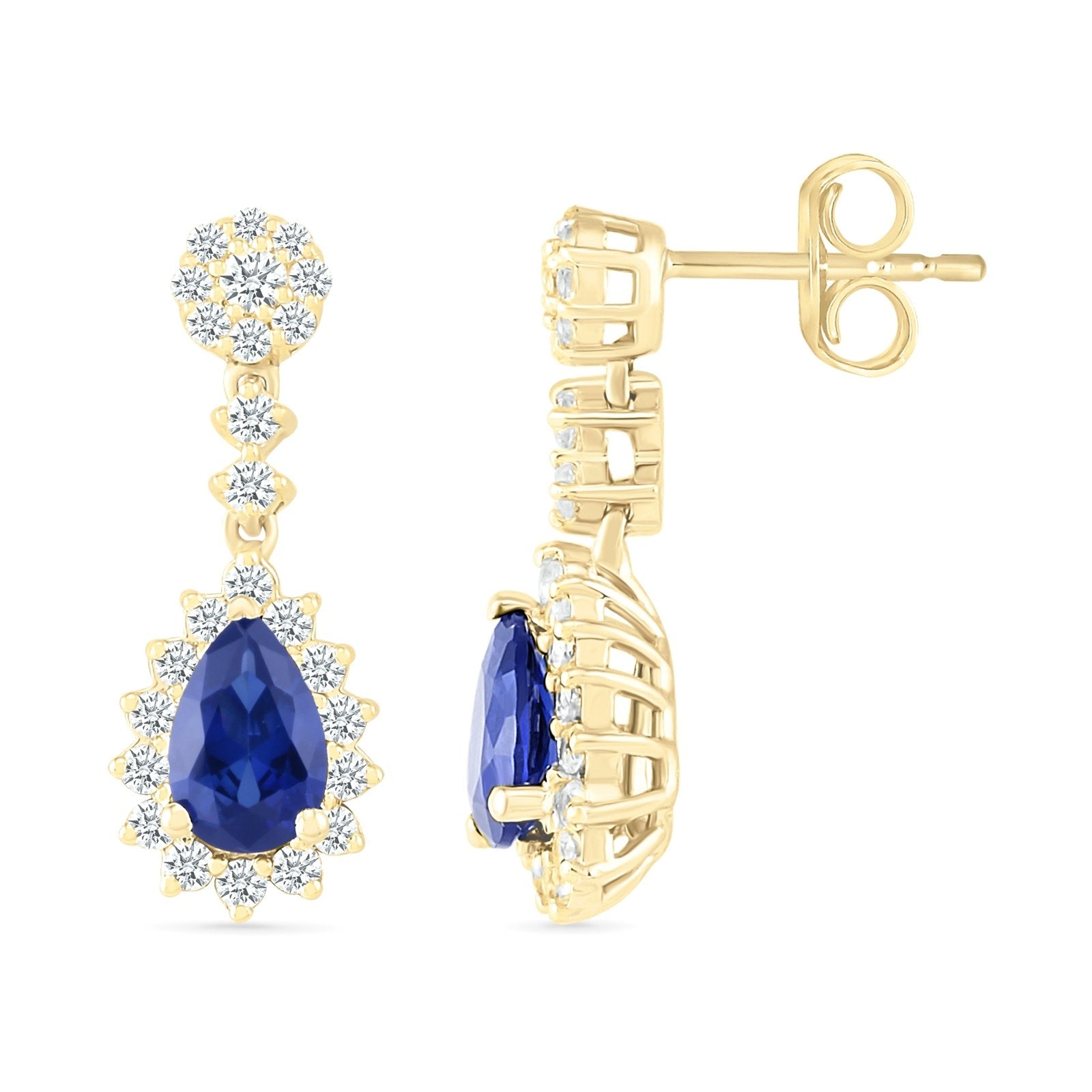 10k Yellow Gold Blue Sapphire Dangle Earrings with White Sapphire Halo - Elegant Jewelry for Weddings, Parties & Special Occasions