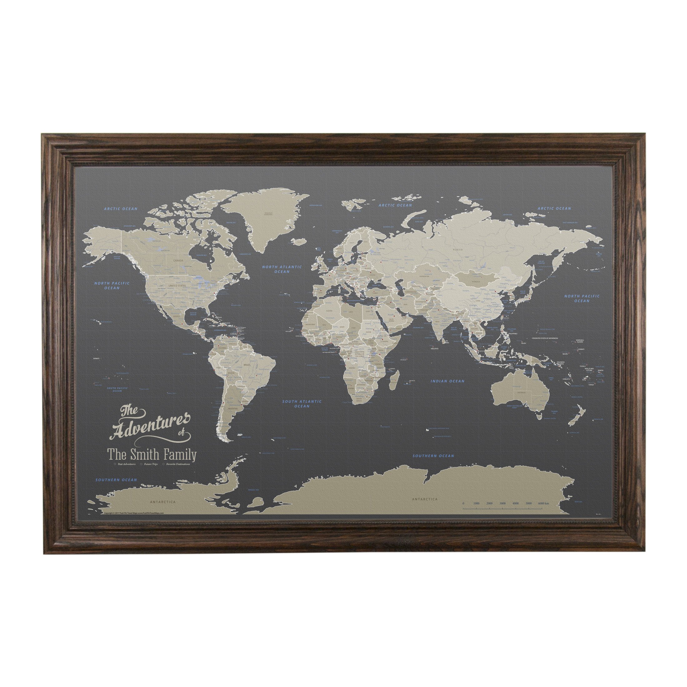 Personalized Earth-Toned World Push Pin Travel Map with Solid Wood Brown Frame - Perfect for Home Decor, Travel Gifts & Adventure Planning