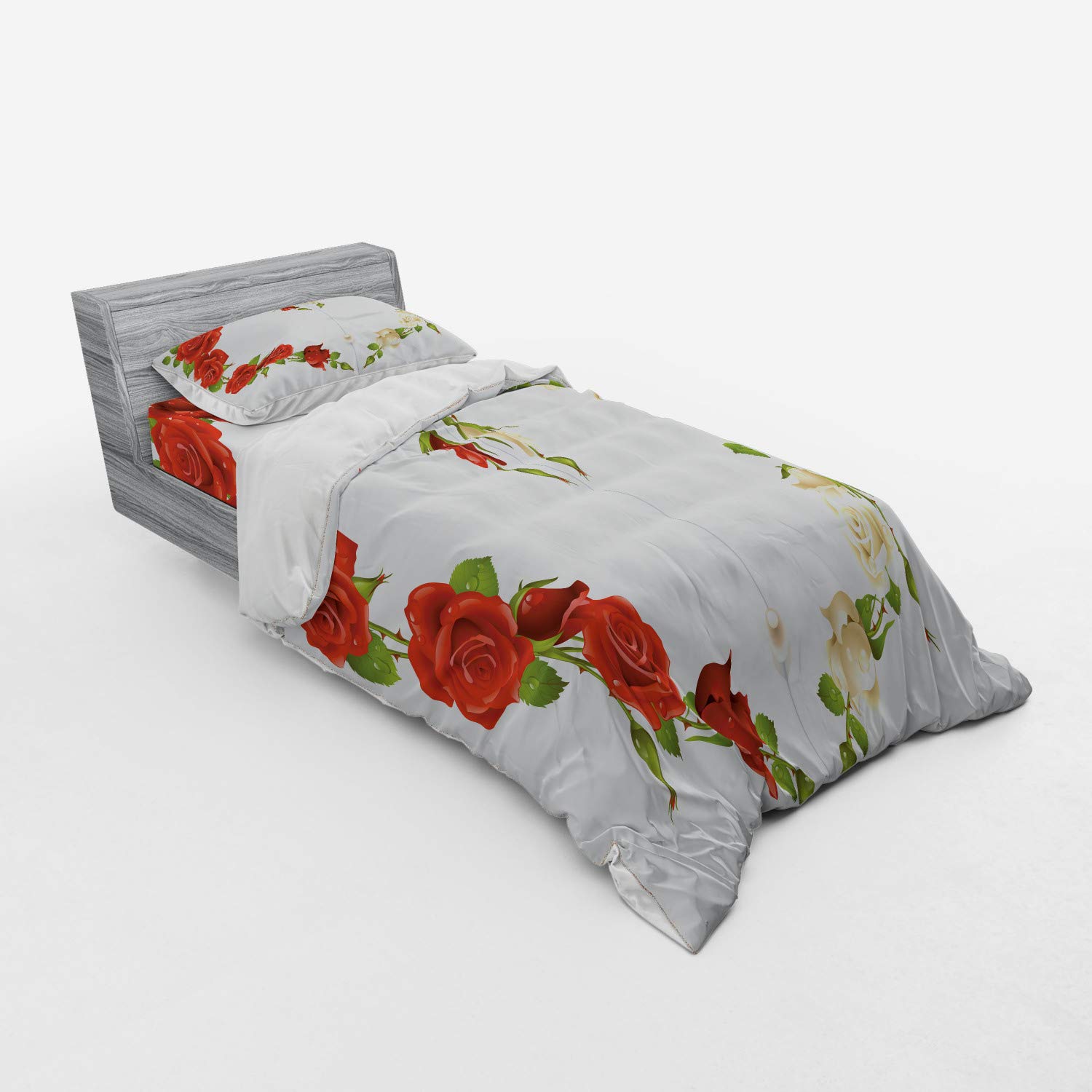 Ambesonne 3-Piece Pearl & Rose Heart Bouquet Duvet Cover Set - Twin Size, Red White Green Floral Print, Includes Sham & Fitted Sheet for Romantic Bedroom Decor, Wedding Gift or Anniversary Celebration