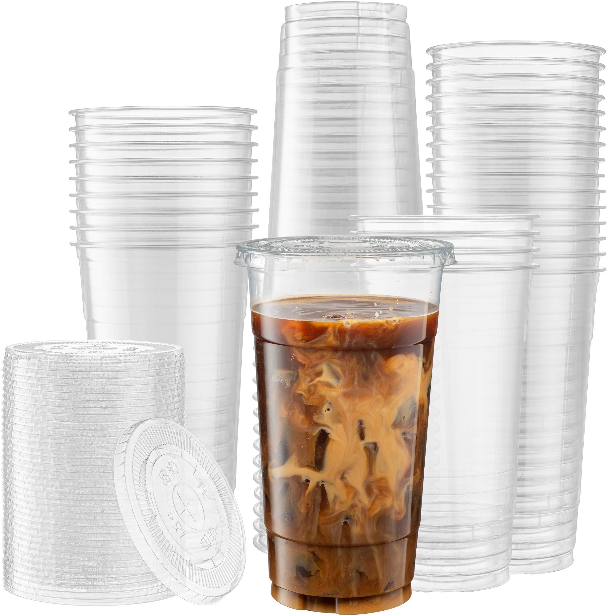 50 Sets - 32 Oz Clear PET Plastic Cups with Lids for Iced Coffee, Milkshake, Smoothies, Slushies - Disposable Party Cups for Cold Drinks, Slurpee, Outdoor Events & Home Entertaining