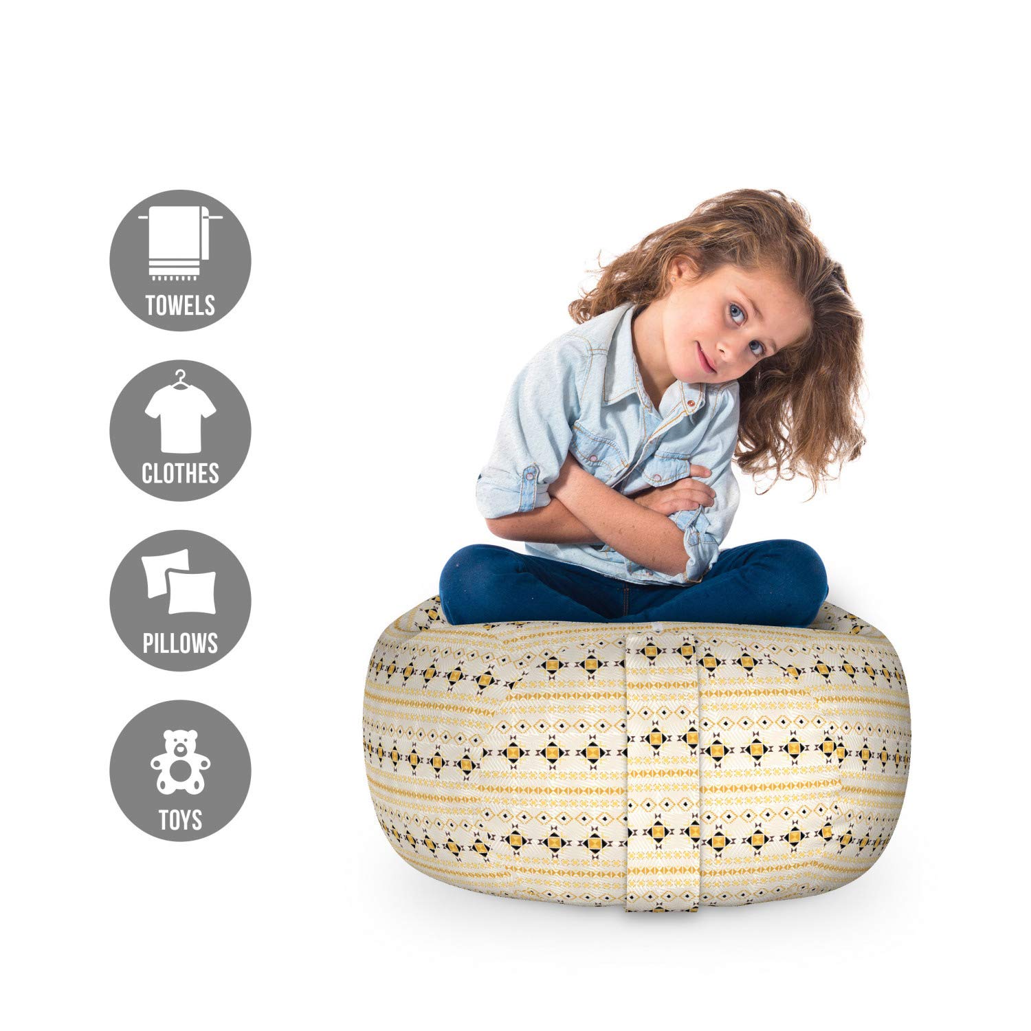 Ambesonne Aztec Toy Storage Bag Chair - Horizontal Oriental Print Stuffed Animal Organizer, Washable Small Beige Mustard Bean Bag for Kids' Room & Playroom Organization