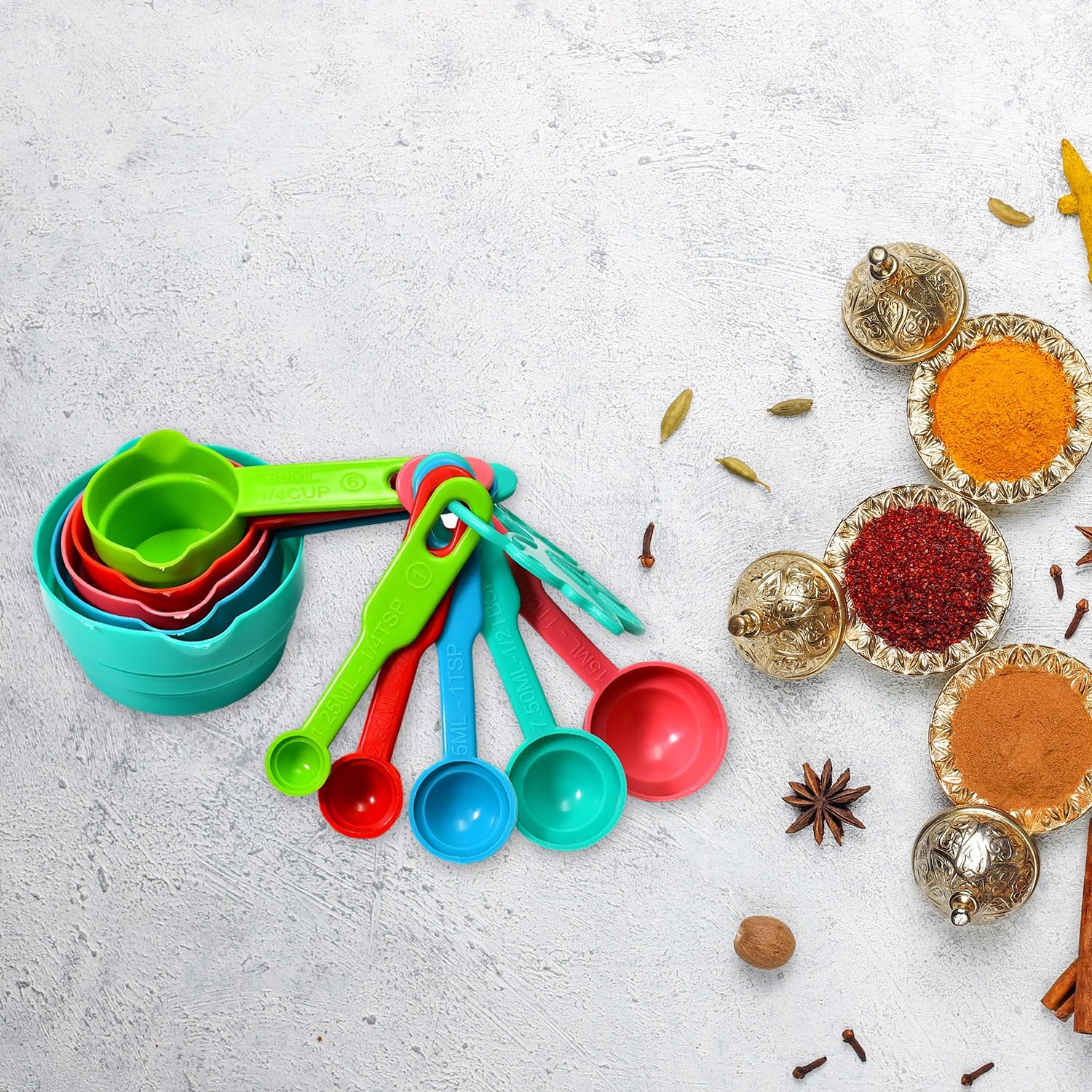 10-Piece Plastic Measuring Spoons and Cups Set - Essential Kitchen Tools for Baking, Cooking & Meal Prep | Dishwasher Safe & Space-Saving Design for Home & Professional Kitchens
