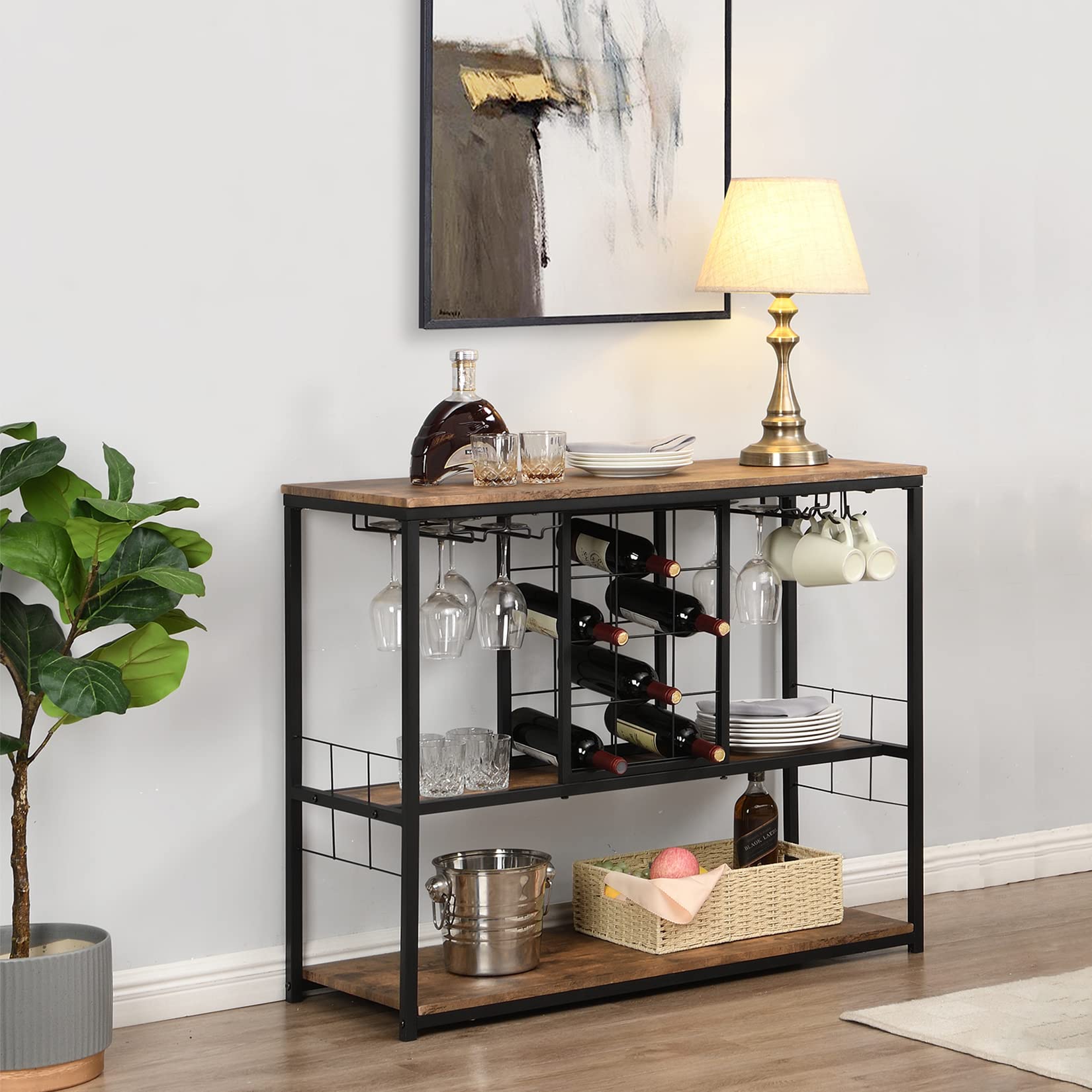 Wine Bar Cabinet with Wood Shelves & Metal Frame - Coffee Bar Sideboard with Glass Holder - Small Buffet Cabinet for Kitchen, Dining Room - Brown | Perfect for Home Entertaining & Storage