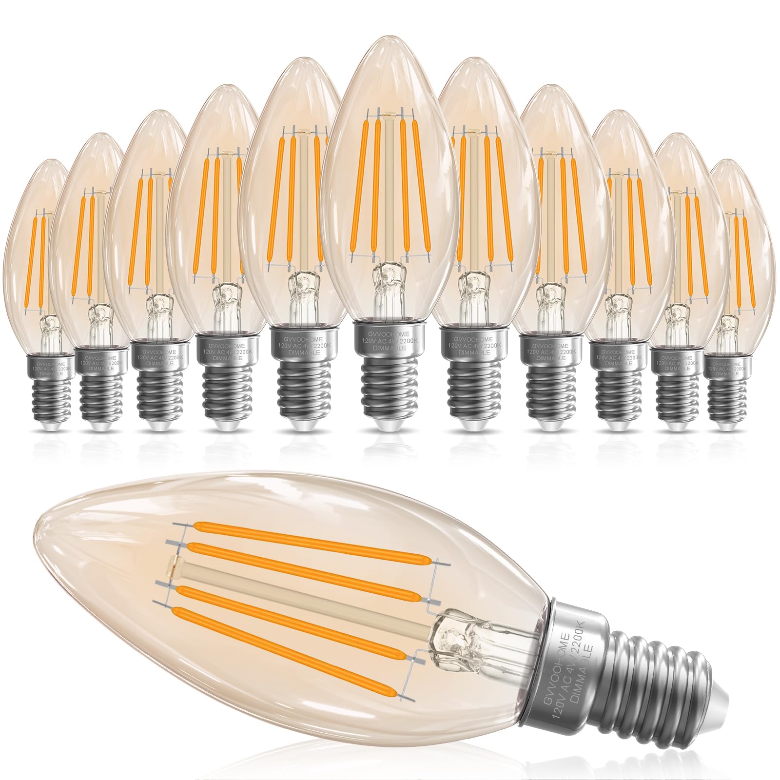 E12 LED Candelabra Bulb 40W Equivalent, B10 Candle Light Bulbs Dimmable - 12 Pack, 2200K Warm Amber Glow, 90+ CRI, 400 Lumens, Amber Glass Finish - Perfect for Chandeliers, Sconces, and Vintage Lighting Fixtures