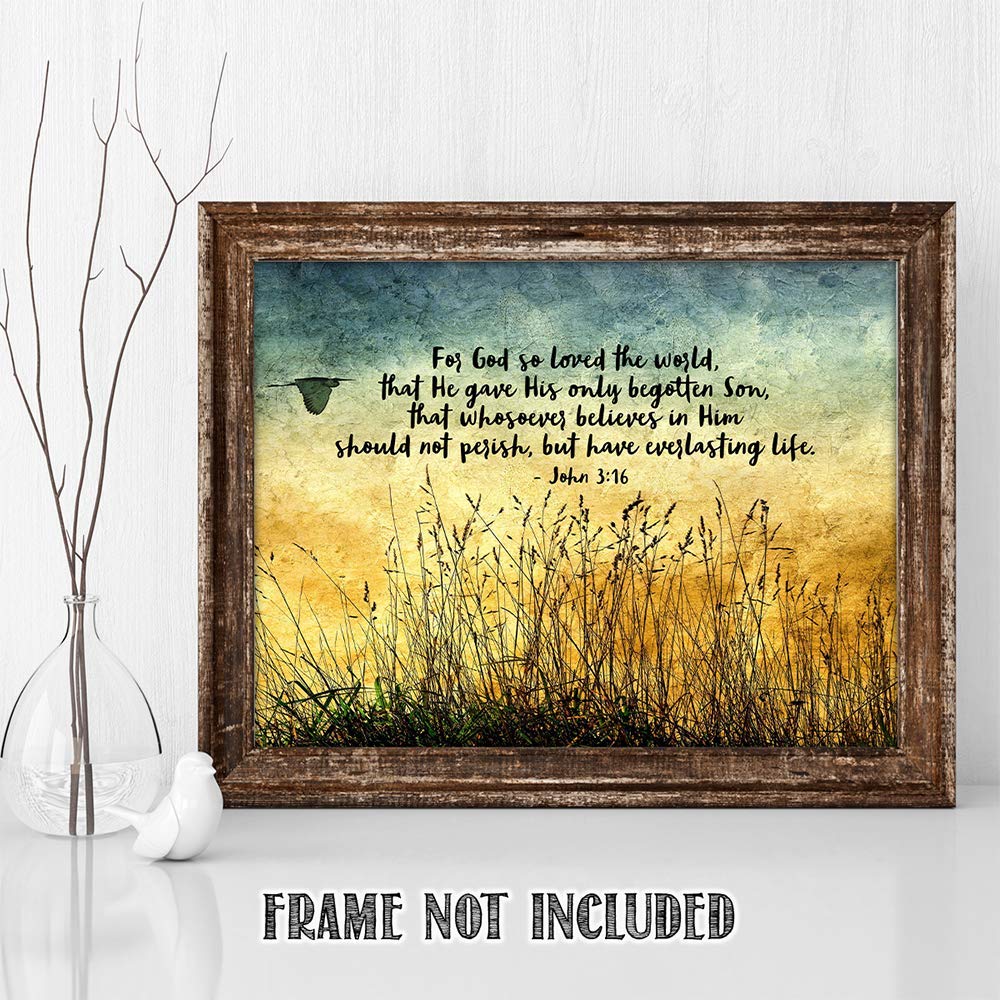 TJ Originals - John 3:16 Bible Verse Wall Art - Christian Scripture Decor - 11x14 Inspirational Print - God So Loved the World Quote - Perfect for Home, Church & Office Decor - Great Gift for Women, Family & Friends (Wild Grass 2)