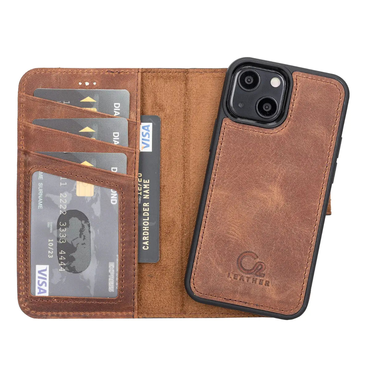 Distressed Brown Leather Wallet Case for iPhone 13 Mini - Slim Protective Phone Cover with Card Holder - Perfect for Everyday Use, Travel & Business