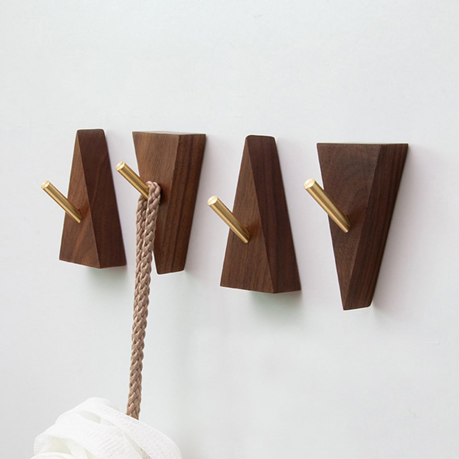 Decorative Wooden Wall Hooks - 4 Pack Small Walnut Wood & Golden Metal Coat Hooks (2.95in Height) - Adhesive or Wall Mounted for Hanging Hats, Towels, Robes, Clothes, Keys & Bags - Perfect for Entryway, Bathroom, Bedroom & Closet Organization