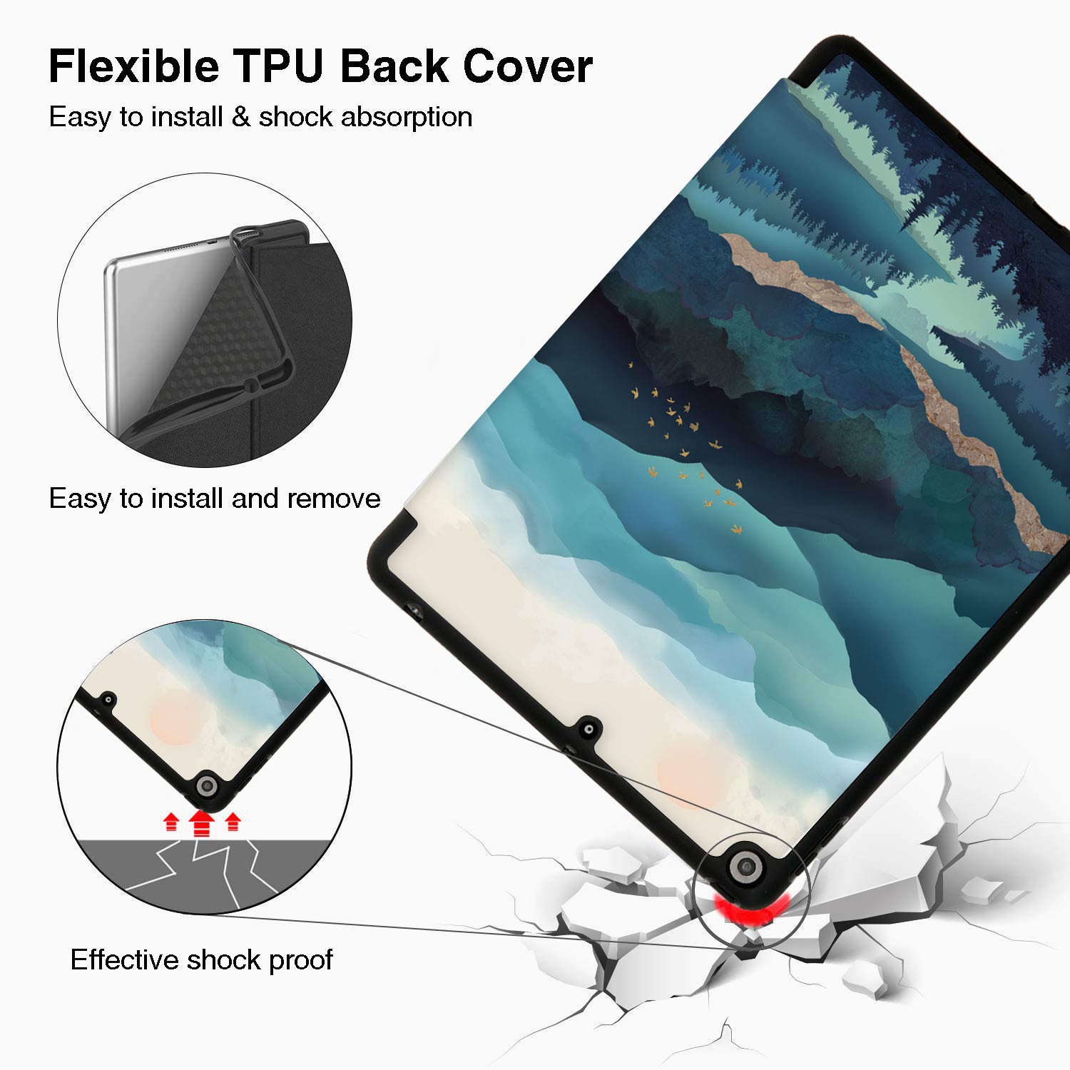 HiSpace iPad 9th/8th/7th Generation Case (10.2 inch 2021/2020/2019 Models) - Teal Mountain Watercolor Design with Pencil Holder, Shockproof Protective Cover Featuring Auto Sleep/Wake for iPad A2270 A2428 A2429 A2197 - Perfect for School, Work & Travel