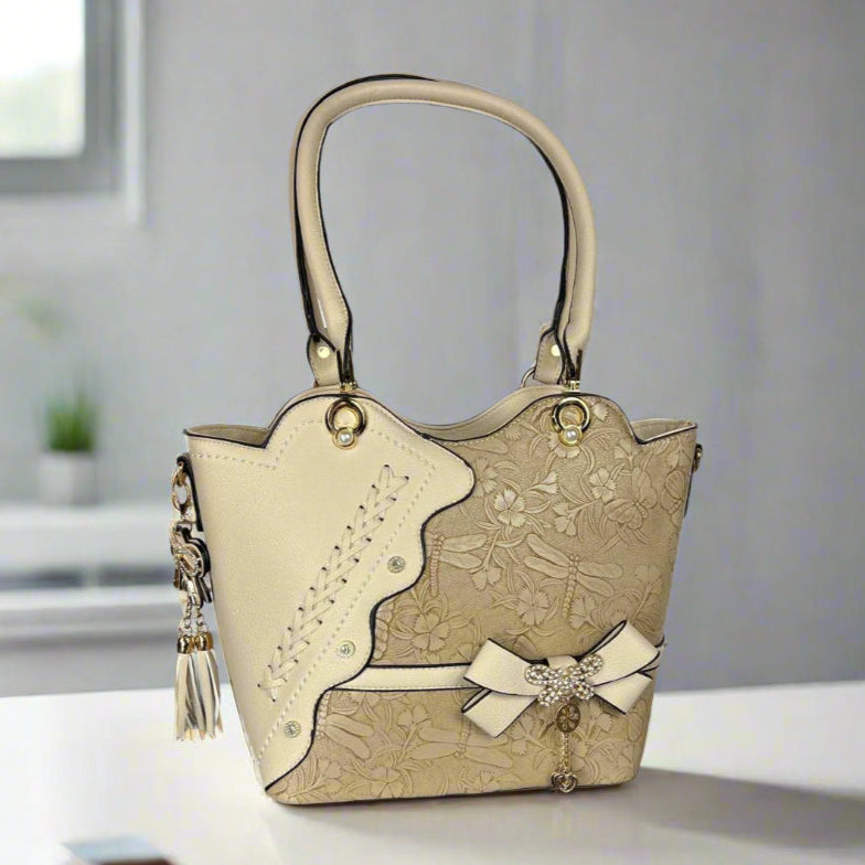 Elegant Italian Two-Handle Handbag with Dragonfly, Floral, and Bow Design - Perfect for Women's Daily Use, Work, and Special Occasions