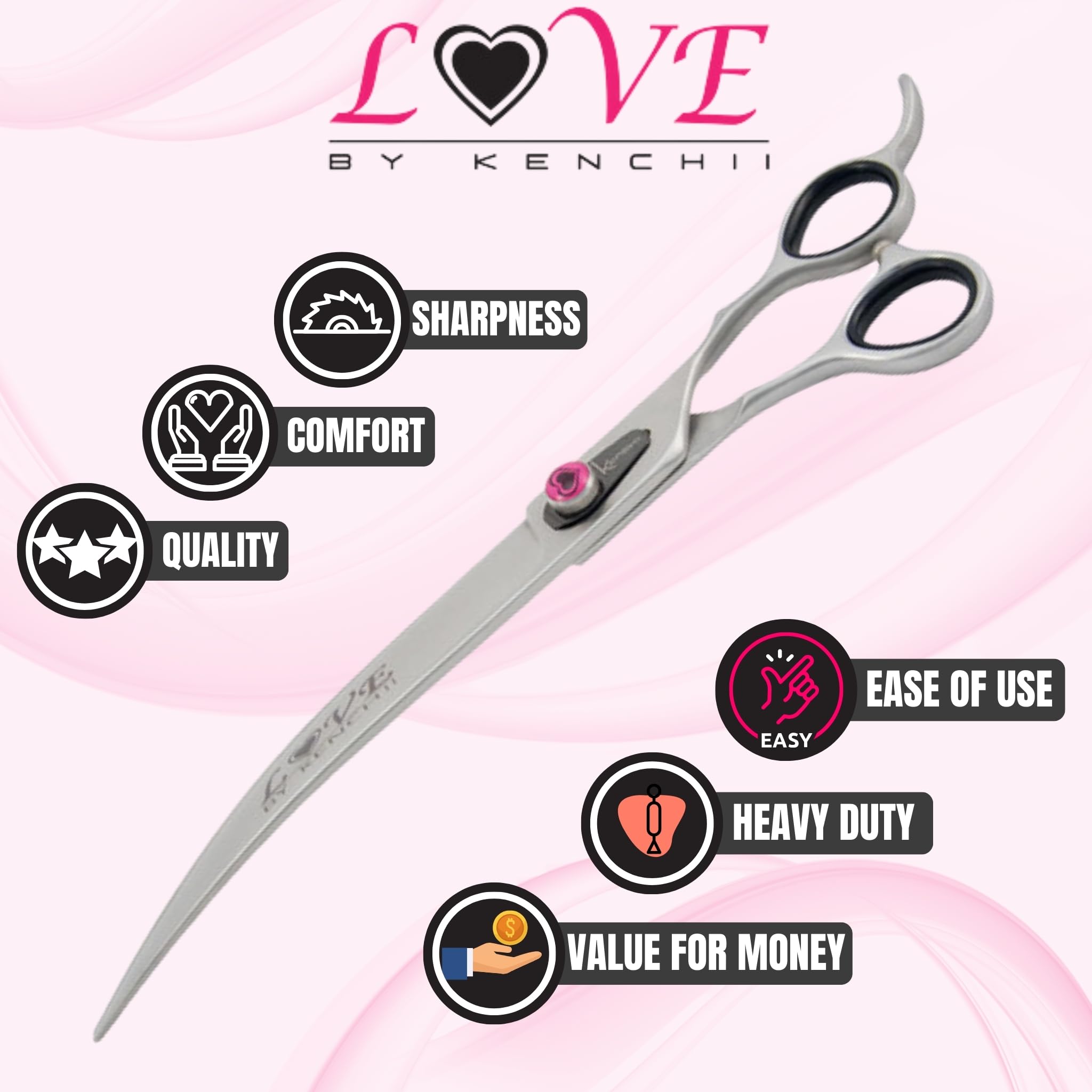Kenchii Love Left Handed Dog Grooming Scissors - 9 Inch Professional Curved Shears for Pet Grooming | Perfect for Precise Trimming & Styling on Dogs & Cats at Home or Salon