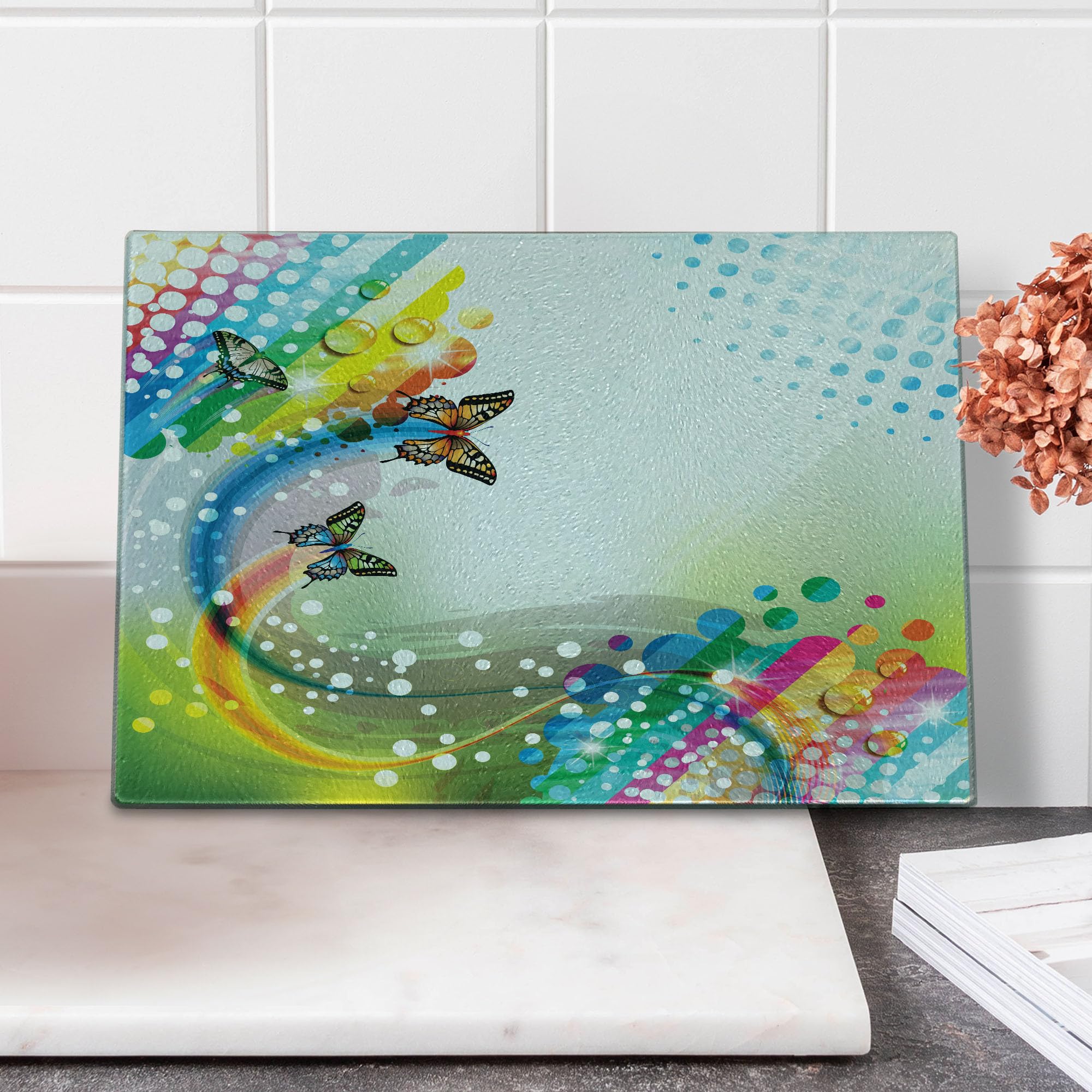 Ambesonne Colorful Glass Cutting Board - Trippy Flying Butterflies & Comet Bubbles Design - Decorative Tempered Glass Serving Board - Small Size Multicolor - Perfect for Kitchen Prep, Charcuterie Display & Party Serving