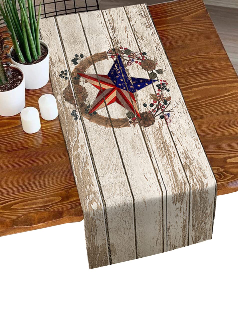 JasmineM 36-inch Rustic Wood Star Coffee Table Runner - Farmhouse Cotton Linen Tablecloth for Holiday, Wedding & Party Decor - USA Flag Design for Independence Day - Perfect for Dining Tables, Centerpieces & Seasonal Home Decor