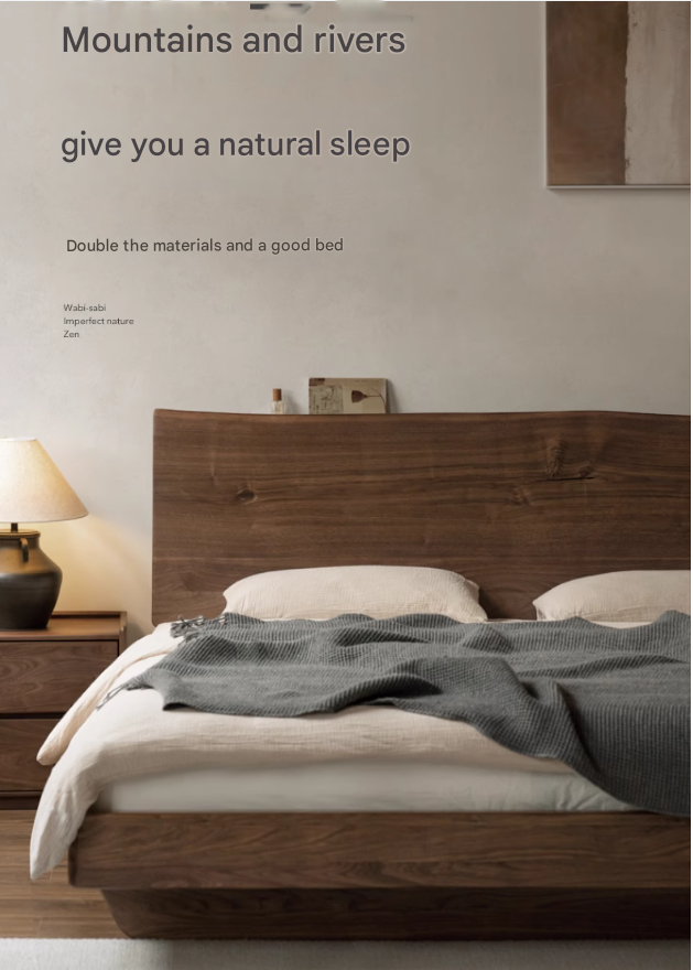 Black Walnut Solid Wood Bed Frame - Wabi Sabi Style Minimalist Bedroom Furniture for Zen & Japandi Home Decor