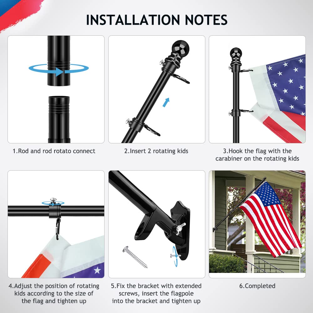 6ft Stainless Steel Wall Mounted Flag Pole Kit with Bracket & Rings - Outdoor House Flagpole for Yard, Garden, Residential & Commercial Use - Perfect for Patriotic Displays, Sports Events & Home Decor (Black)