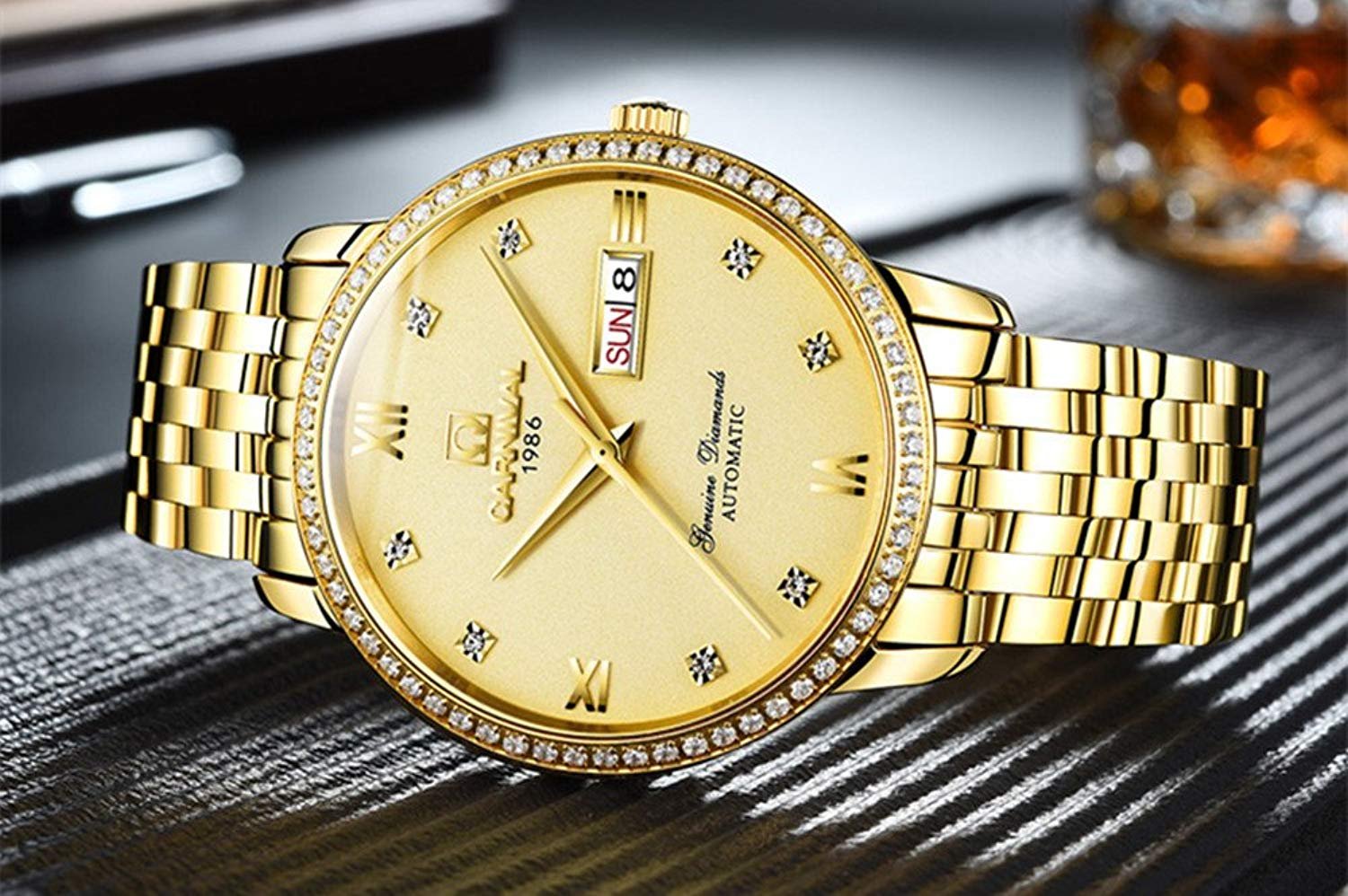 Luxury Automatic Men's Watch with Crystal Diamond Accents, Gold Two-Tone Stainless Steel Band, Date Display - Perfect for Business, Formal Events & Gifting