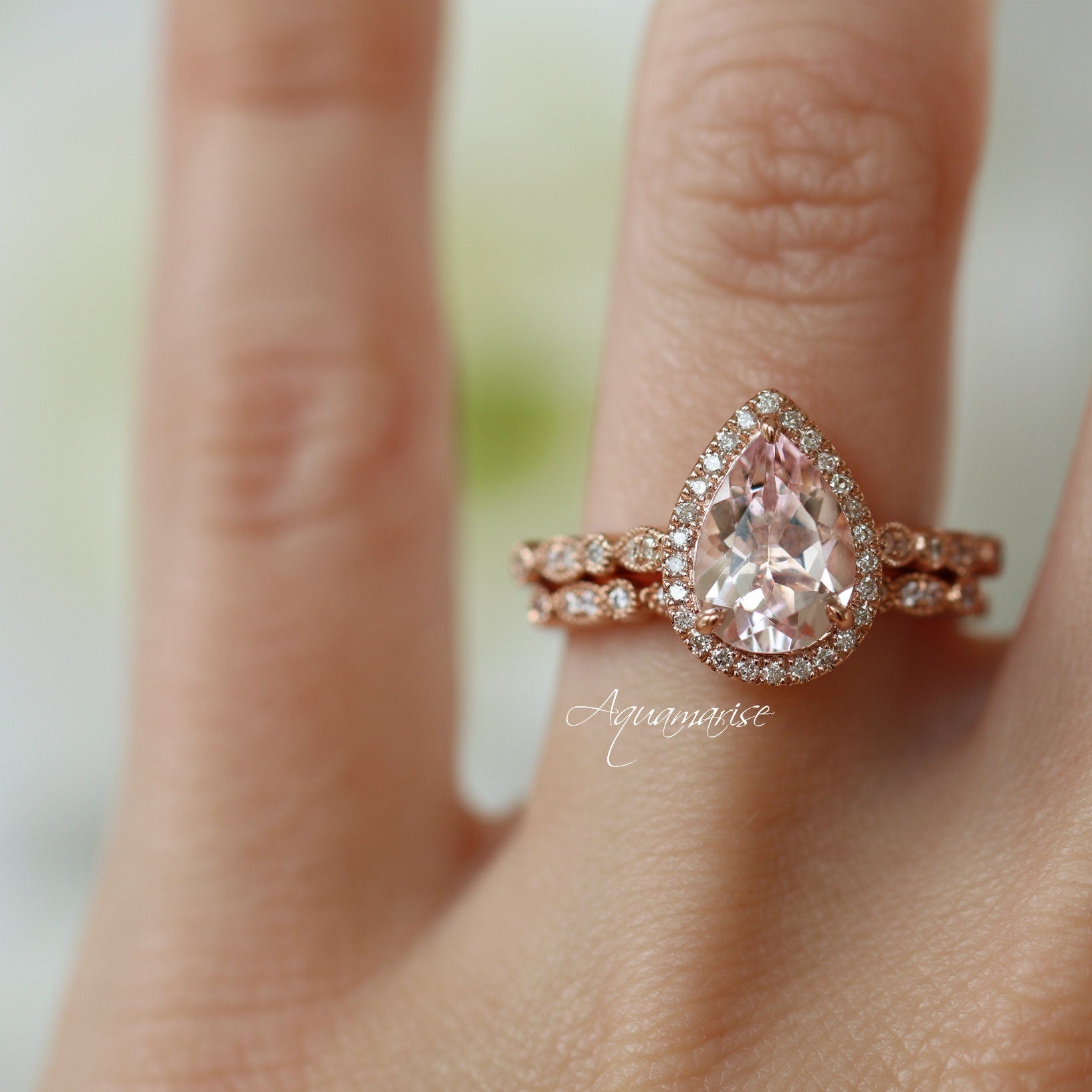 Luxury Teardrop Morganite Engagement Ring - 14K Solid Rose Gold Wedding Band for Women, Perfect for Proposals, Anniversaries & Bridal Jewelry Gifts