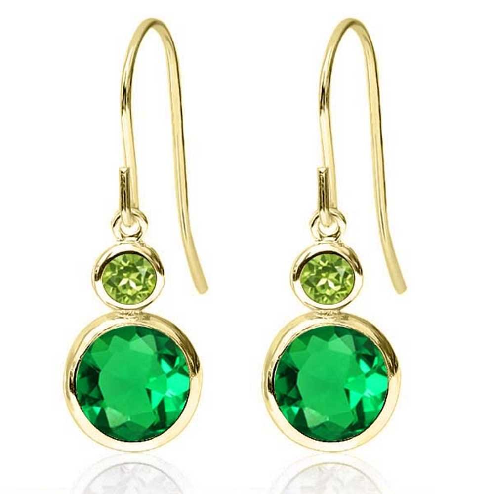 1.78 Ct Round Green Simulated Emerald & Peridot 14K Yellow Gold Dangle Earrings for Women - Elegant Gemstone Jewelry Gift for Birthday, Anniversary & Special Occasions