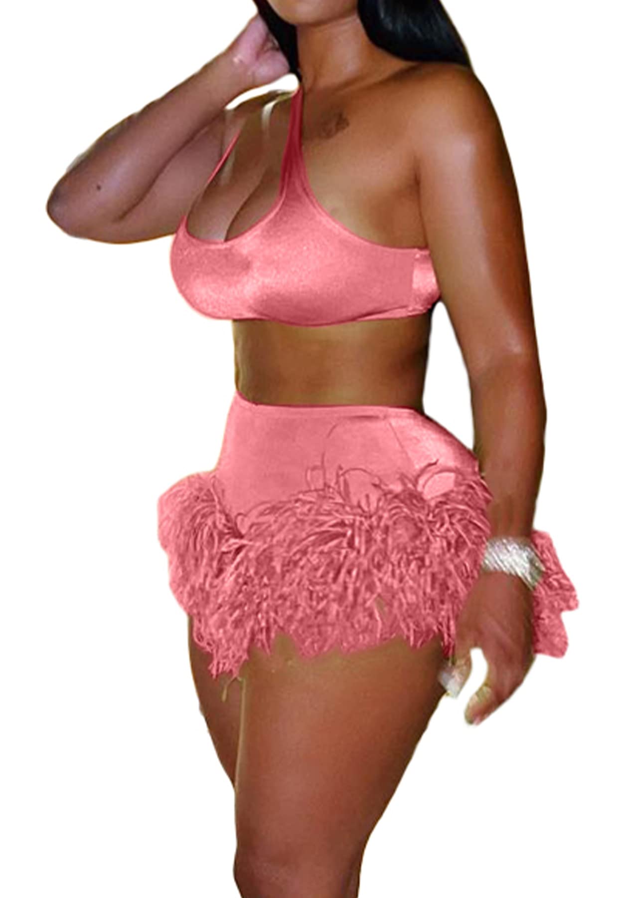 Sexy Halloween Two Piece Outfits for Women - Sleeveless Crop Top & Feather Shorts Set | Clubwear, Party Costume, Cosplay, Night Out