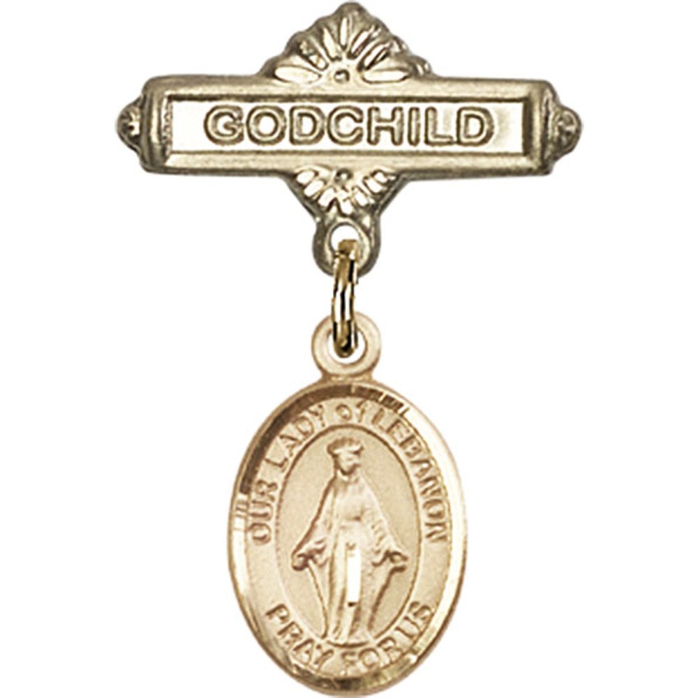 Gold Filled Baby Badge Pin with Our Lady of Lebanon Charm - 1 X 5/8 Inches - Perfect for Baptism, Christening & Godchild Gifts - Religious Jewelry for Infants & Toddlers
