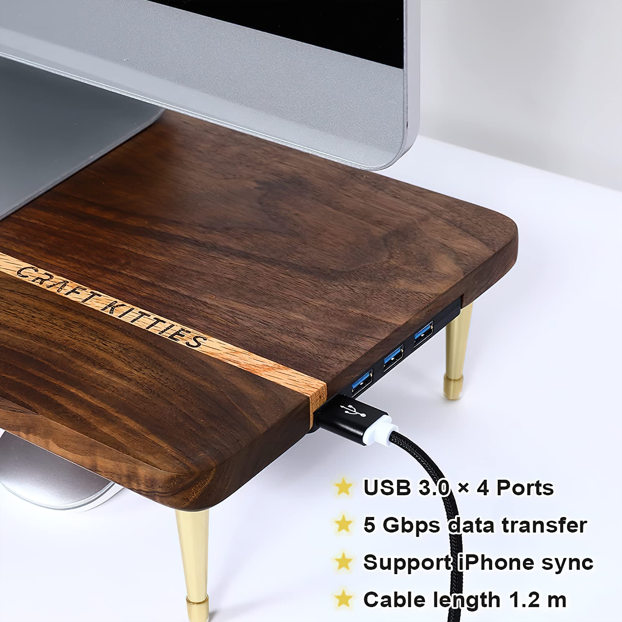 Premium Wood Monitor Stand Riser with 4 USB Ports - American Walnut Desktop Organizer & Charging Hub (20.5x8.3in) - Perfect for Computer, Mac, PC & Smartphone - Ideal for Home Office, Gaming Setup & Workspace Organization
