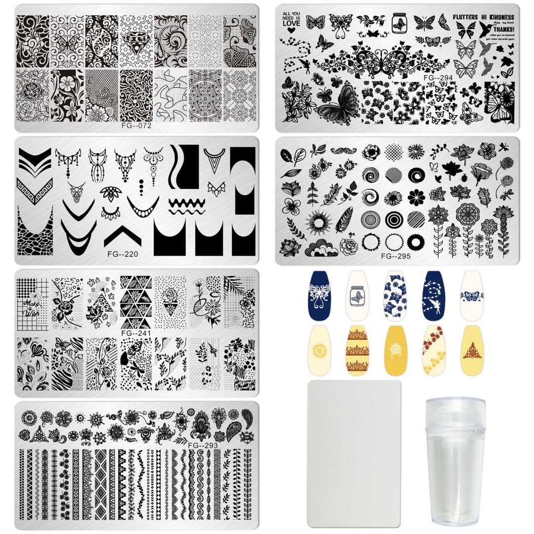 AddFavor 6-Piece Nail Stamper Kit - Butterfly Flower Leaves Nail Stamping Plate, French Manicure Stencils with Silicone Stamp & Scraper - Professional Nail Art Design Tools for Women, DIY Home & Salon Use
