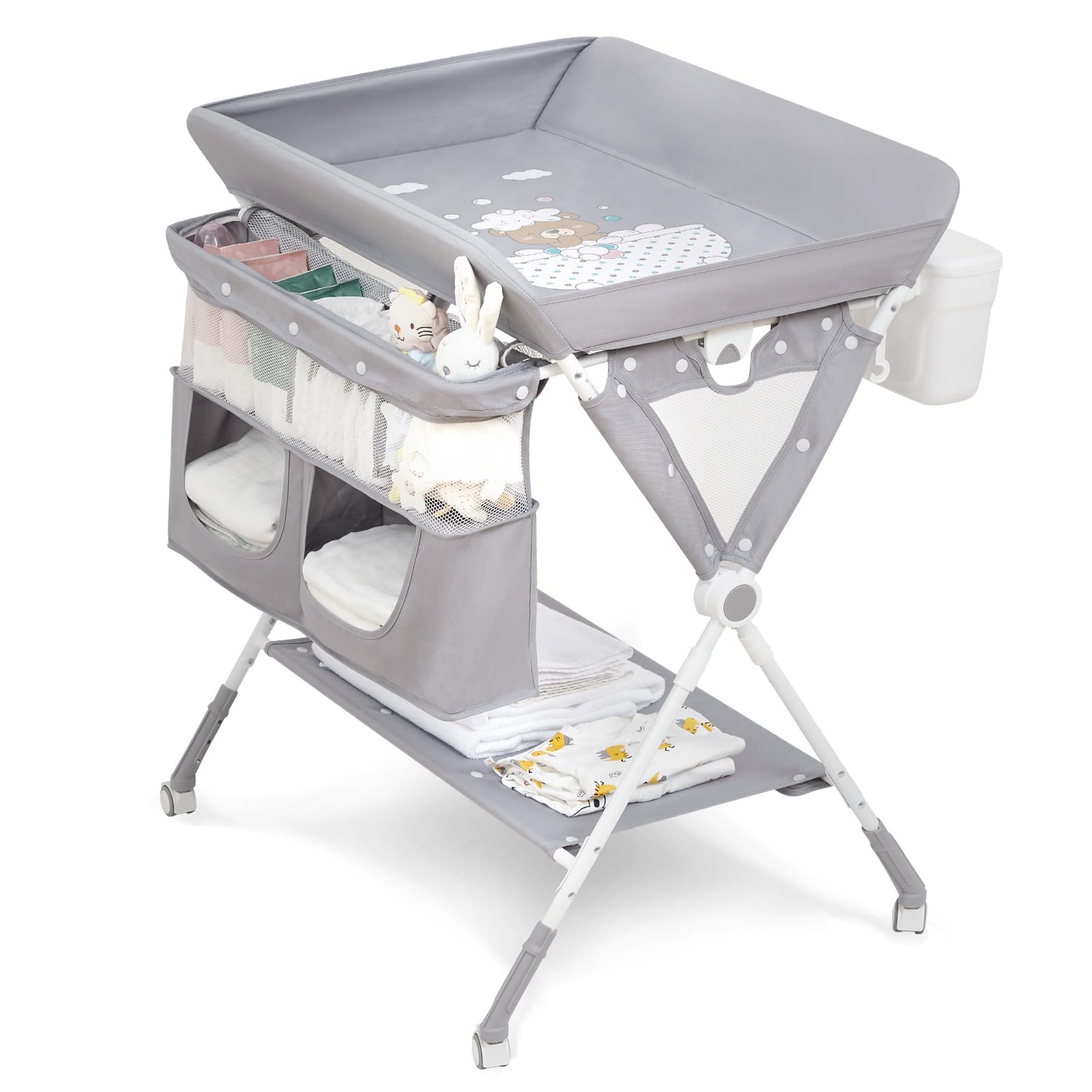 Portable Baby Changing Table with Wheels - Foldable Diaper Changing Station, Adjustable Height & Cleaning Bucket - Mobile Nursery Organizer for Newborns & Infants (Mint Grey) | Perfect for Home, Nursery, Travel & On-the-Go Diaper Changes