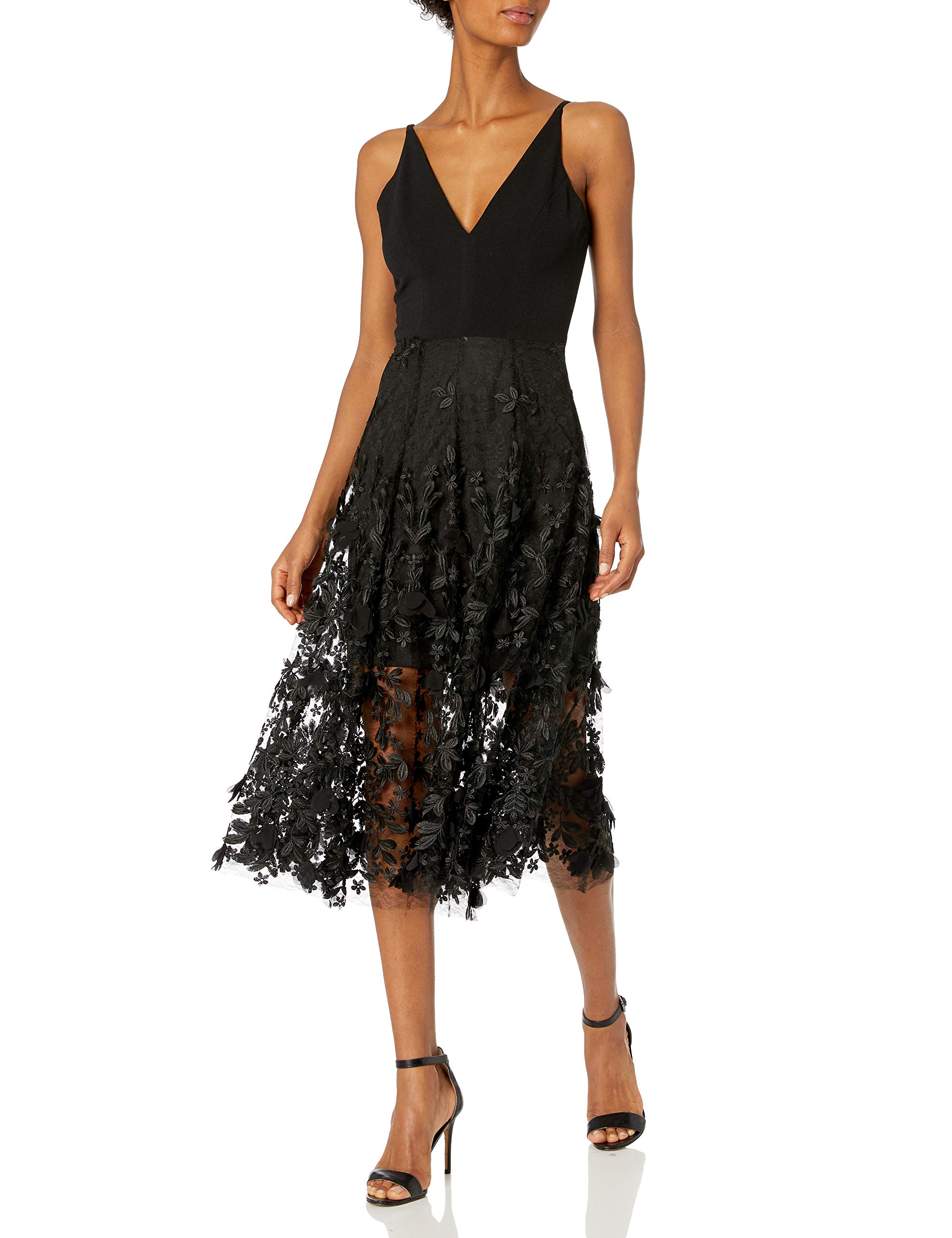 Dress the Population Women's Darleen Sleeveless 3D Floral Fit & Flare Midi Dress - Elegant Cocktail & Summer Wedding Guest Dress