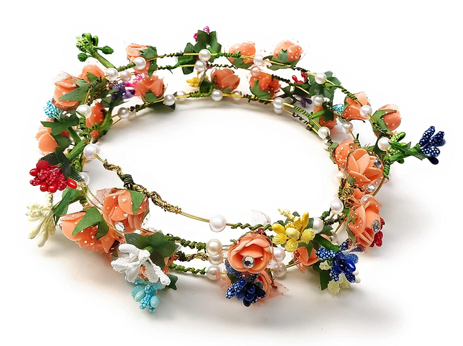 Boho Flower Crown Floral Leaf Wreath Headband - Pack of 2 Wedding Bridal Hair Garland with Roses for Women & Girls - Hawaiian Party, Festival, Photo Shoot Accessories