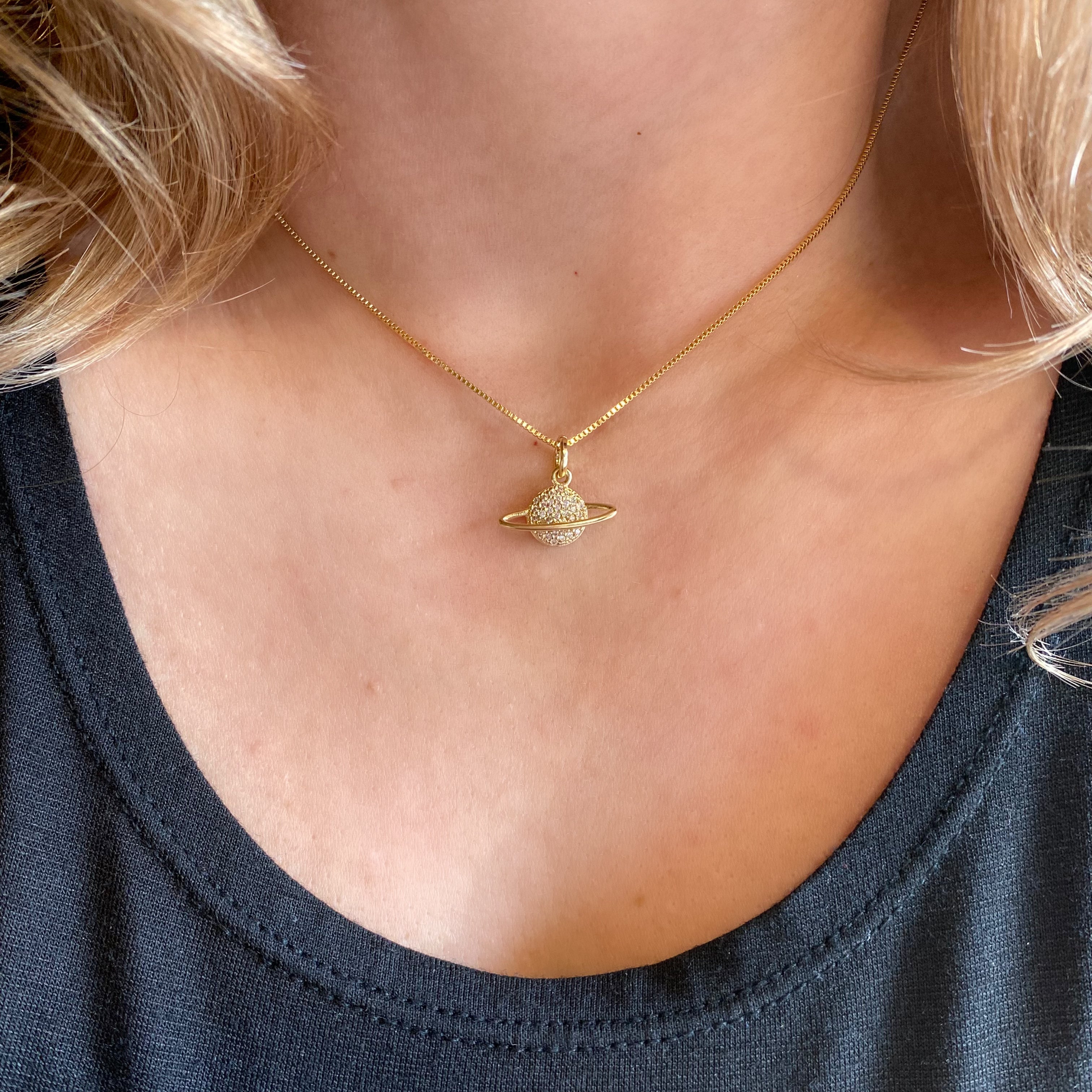 18K Gold Filled Saturn Planet Pendant Necklace with Genuine Cubic Zirconia Stones - Elegant Celestial Jewelry for Women, Perfect Gift for Birthday, Anniversary & Everyday Wear