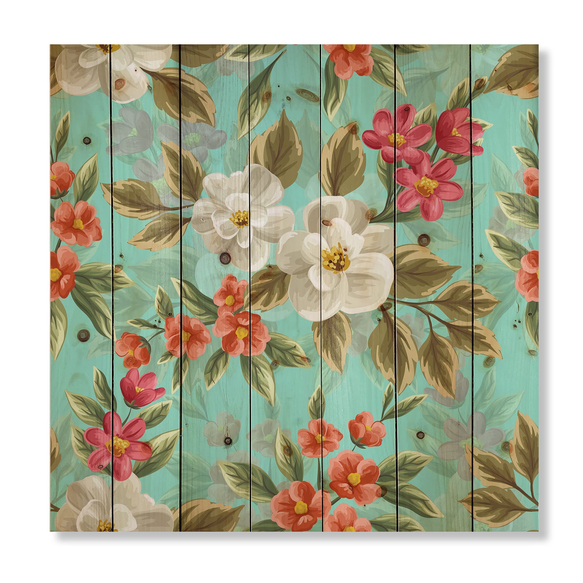 DesignQ Floral Seamless Pattern Traditional Wood Wall Decor - Green Wood Wall Art - Large Floral Wood Panels Printed on Natural Pine - Perfect for Living Room, Bedroom & Office Decor