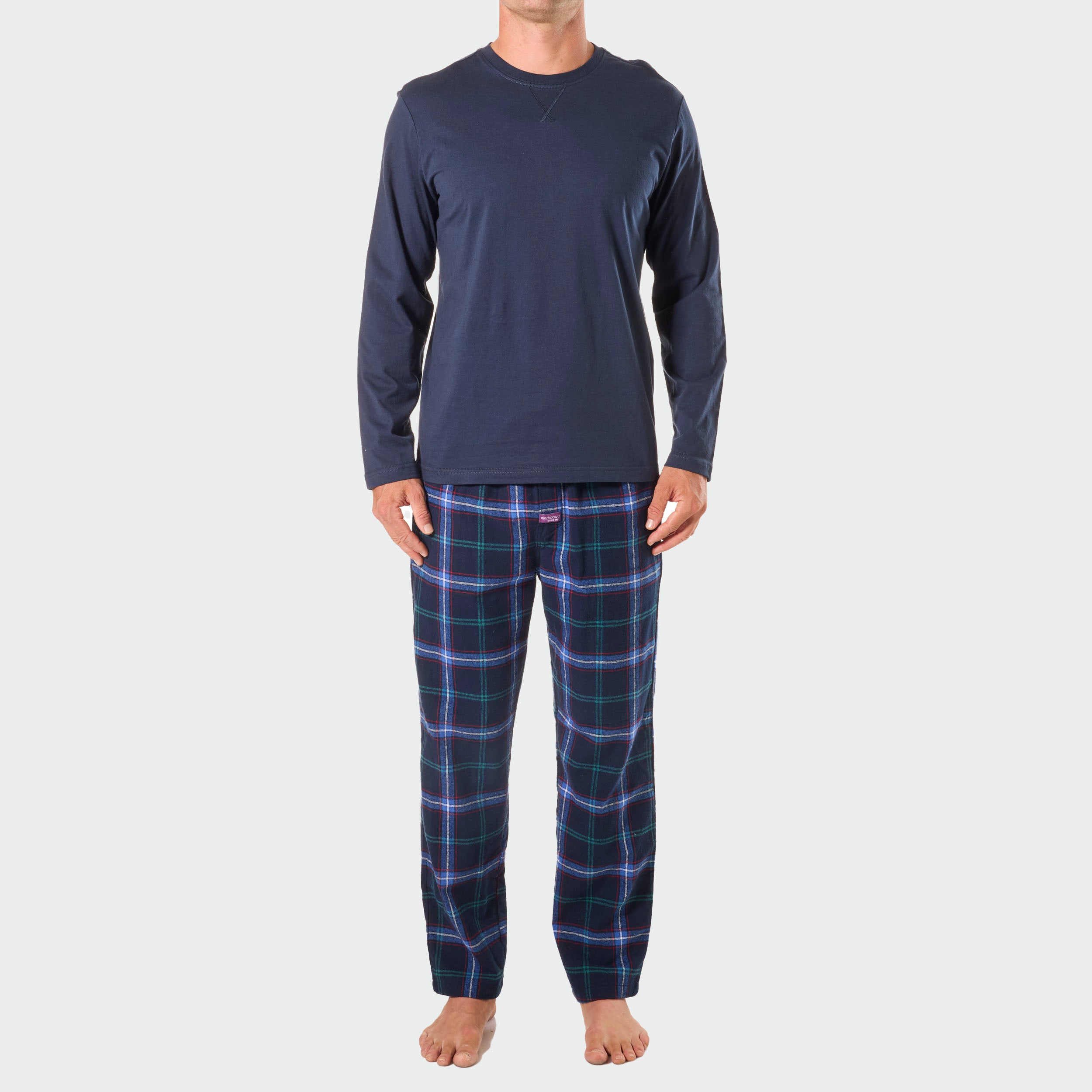 Men's Miles Check Cotton Flannel Long Sleeve Pajama Set - Navy Blue Plaid Sleepwear for Winter Nights & Cozy Lounging at Home