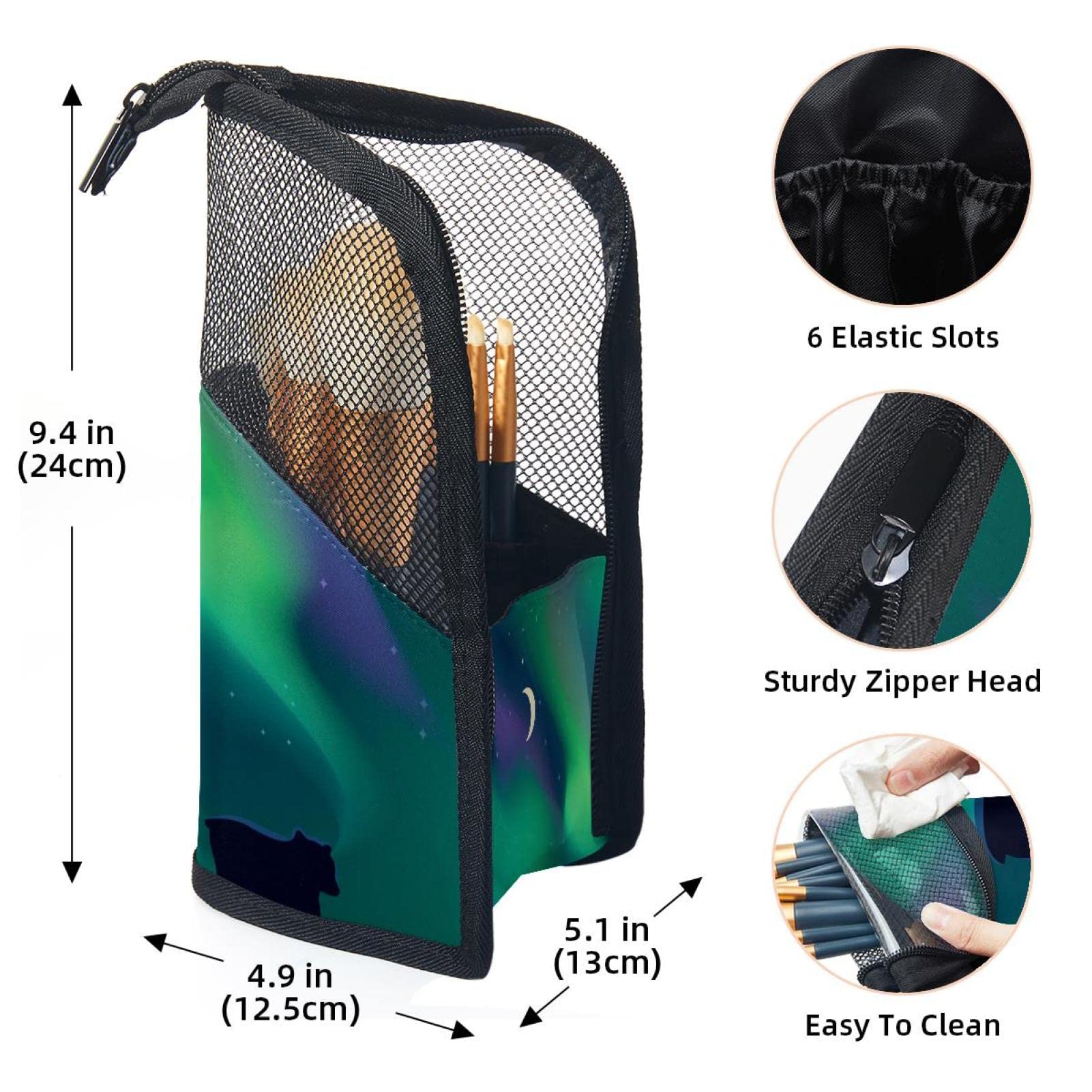 Portable Makeup Brush Organizer Bag with 12 Slots - Polar Bear Northern Lights Design - Travel-Friendly Cosmetic Brush Holder Case for Home & Travel Use