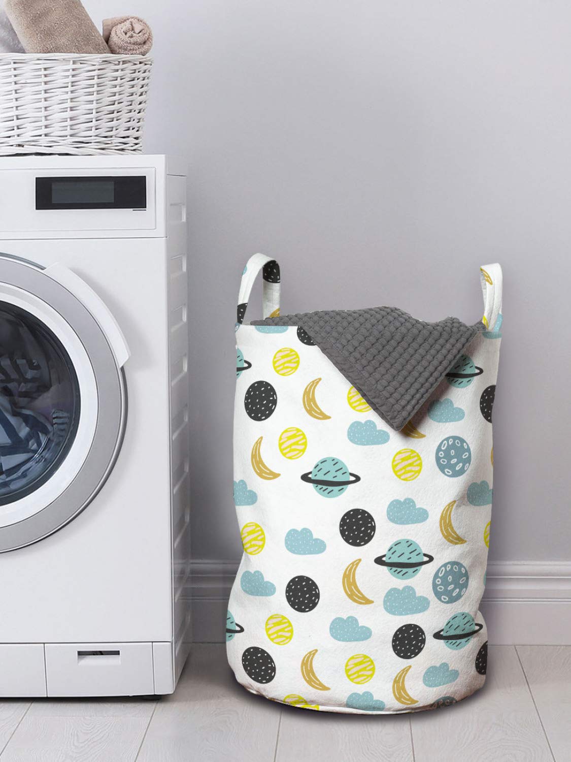 Ambesonne Moon Themed Laundry Bag with Crescent Planets & Clouds Pattern, Drawstring Hamper Basket with Handles for Laundry Room, College Dorm, Travel - 13