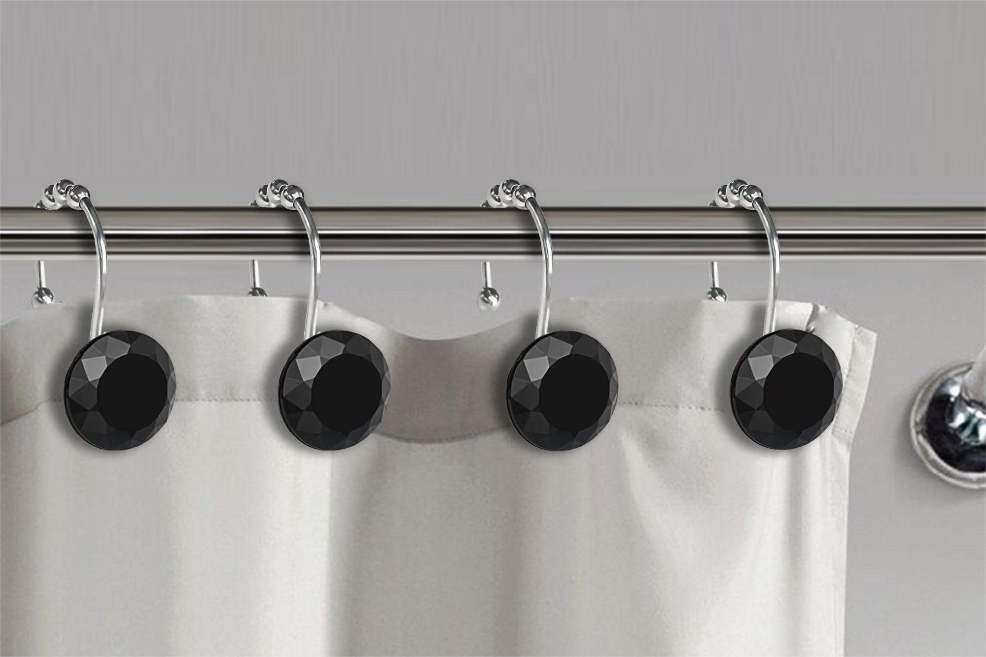 12-Pack Black Crystal Diamond Shower Curtain Hooks - Rustproof Stainless Steel Rings with Rhinestone Decor for Bathroom | Elegant Bling Glam Accessories for Home Spa, Luxury Hotel, and Wedding Decor