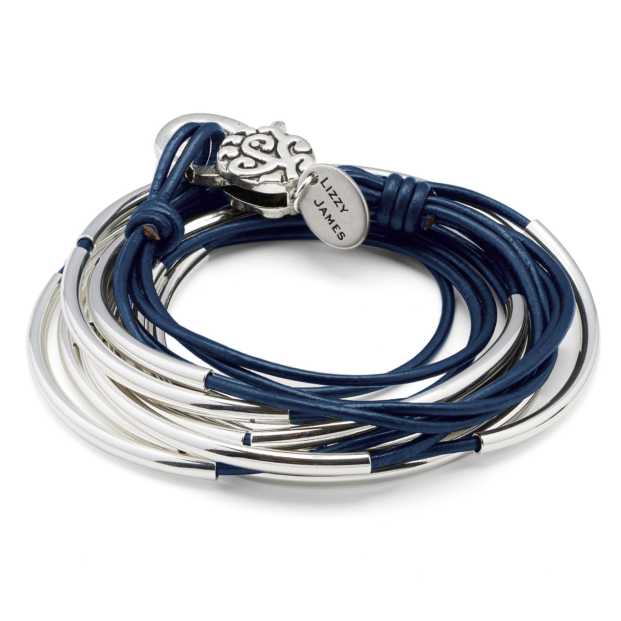 Lizzy Classic Gloss Navy Leather and Silver Wrap Bracelet Necklace Set - Elegant Jewelry for Women, Gift for Her - Perfect for Parties, Weddings & Date Nights