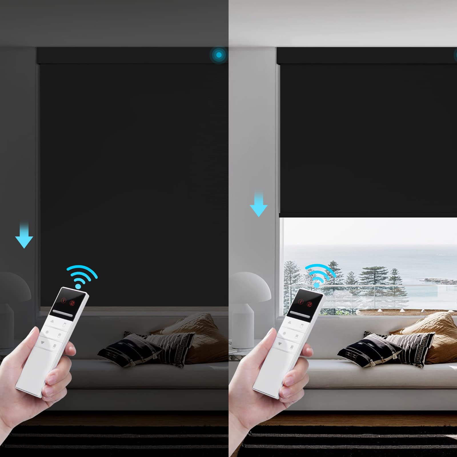 Smart Motorized Roller Shades with Remote Control - Customizable Blackout Window Blinds, Child-Safe Design, Rechargeable Battery & Valance (Black) - Perfect for Bedrooms, Home Theaters & Nursery Rooms
