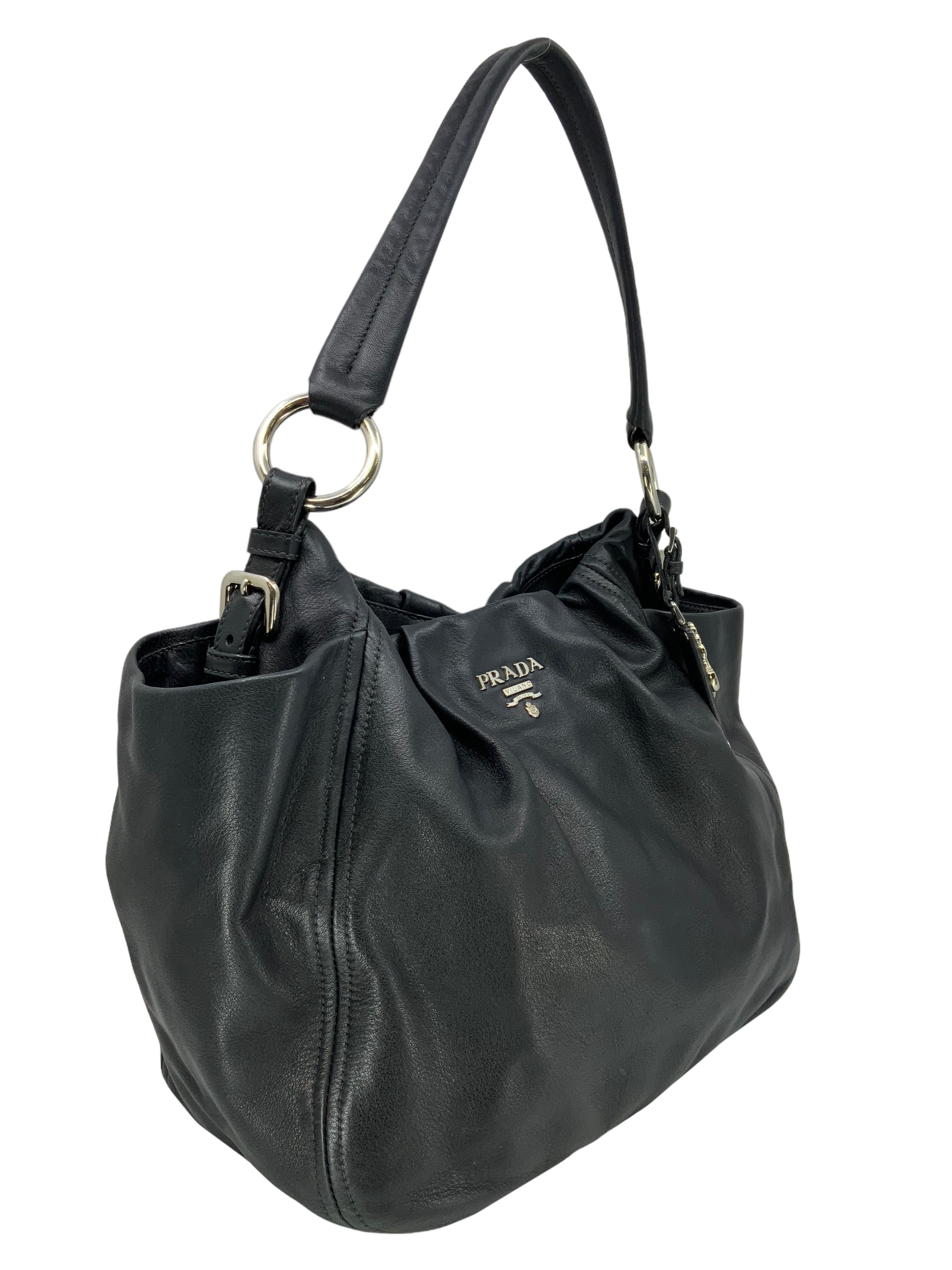 Prada Calfskin Leather Hobo Bag with Side Pocket - Luxury Shoulder Bag for Women, Perfect for Work, Travel & Everyday Use