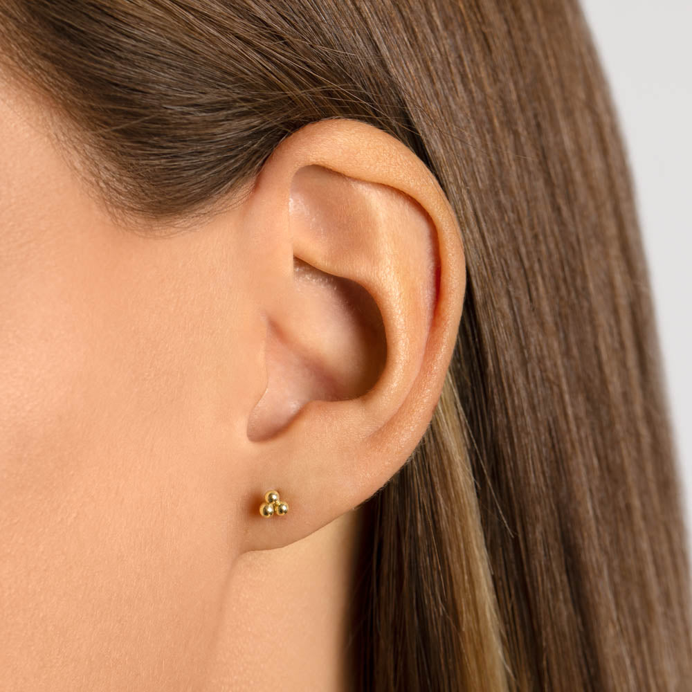 10k Gold Triple Ball Stud Earrings for Women - Minimalist Elegant Jewelry for Everyday Wear, Parties & Gifts