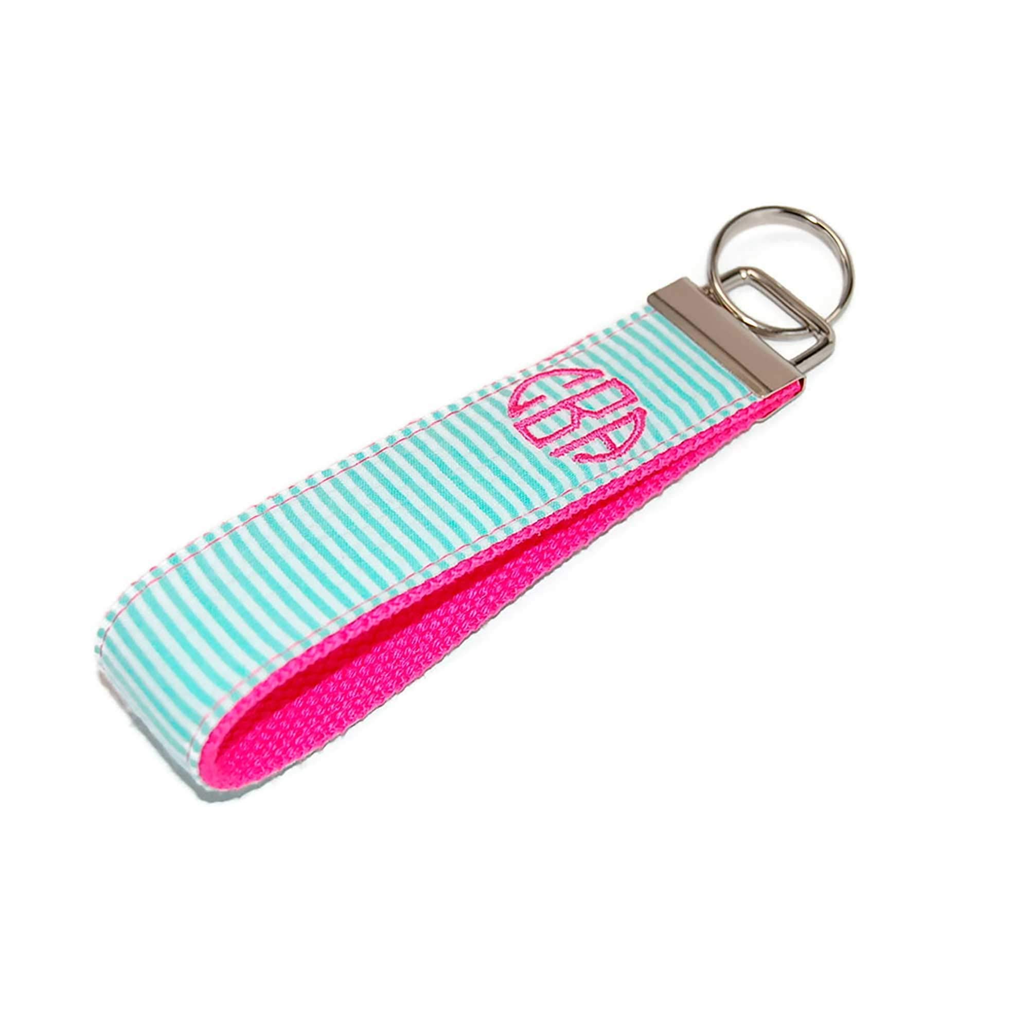 Personalized Monogram Pink & Mint Seersucker Keychain - Custom Key Fob for Women, Gifts, Bags & Travel Accessories - Perfect for Everyday Use, Housewarming Gifts & Bridesmaid Presents