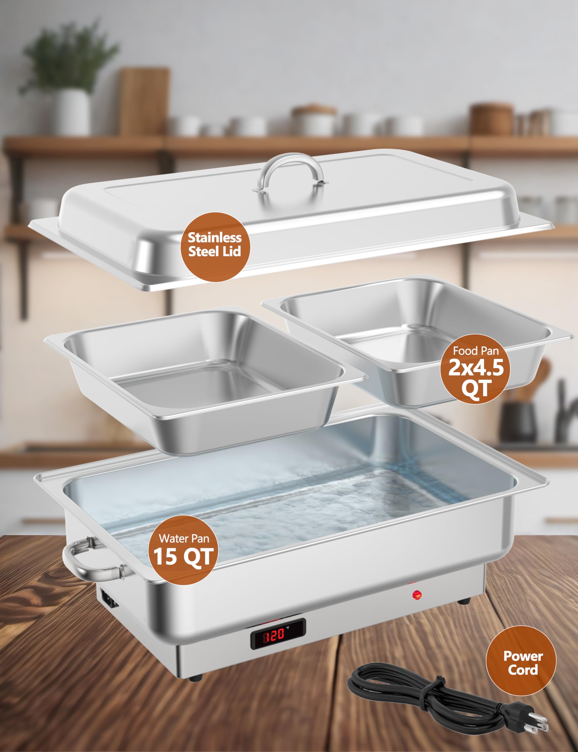 Electric Chafing Dish Set - 2 x 4.5QT Stainless Steel Food Warmer with Temperature Control Display | Perfect for Buffets, Catering, Parties, Weddings & Outdoor Events