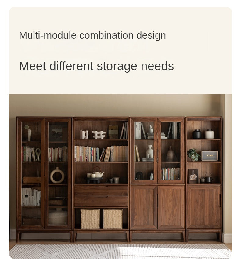 Premium Black Walnut & Ash Solid Wood Bookcase with Dust-Proof Glass Doors - Stylish Home Office & Living Room Storage Solution
