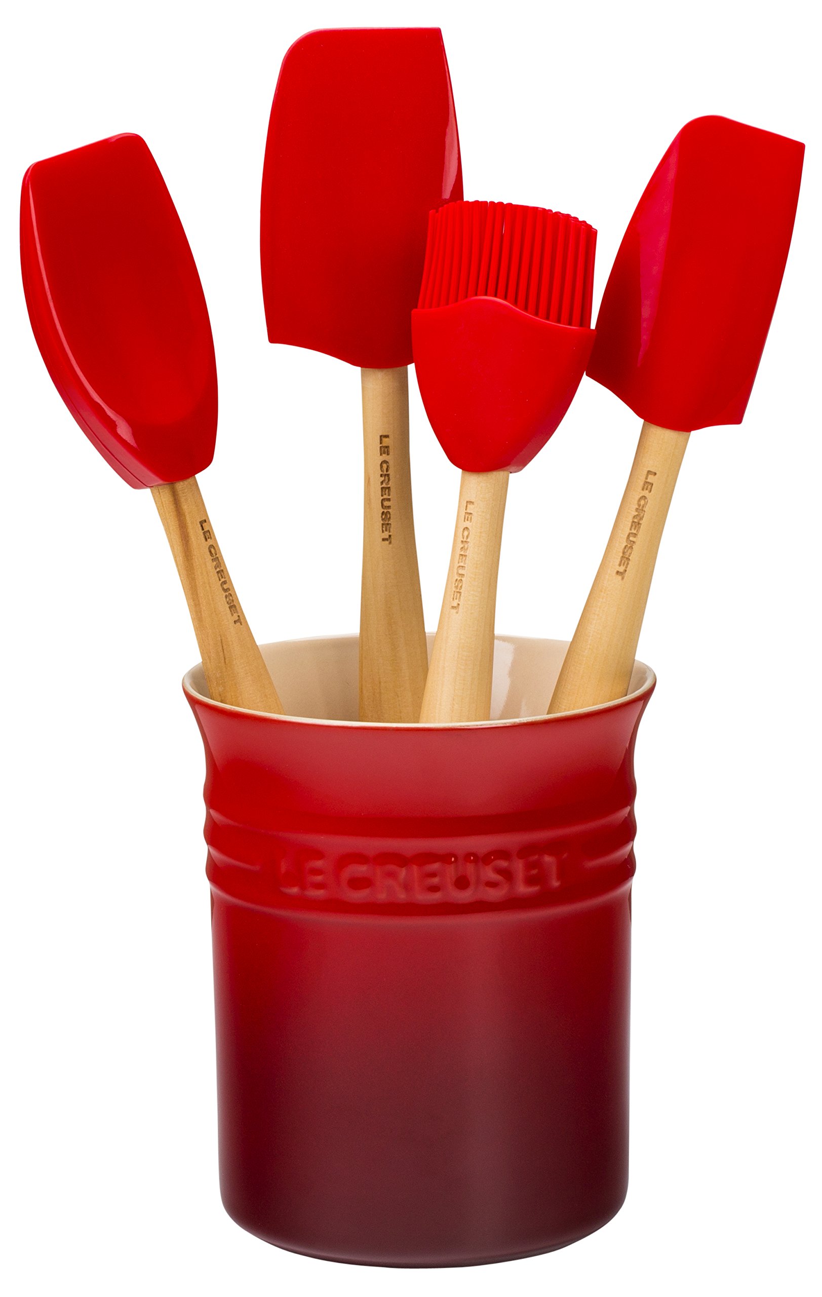 Le Creuset 5-Piece Silicone Utensil Set with Stoneware Crock - Heat-Resistant Kitchen Tools for Cooking & Baking - Perfect for Non-Stick Pans, Mixing Bowls & Serving Dishes (Cerise Red)