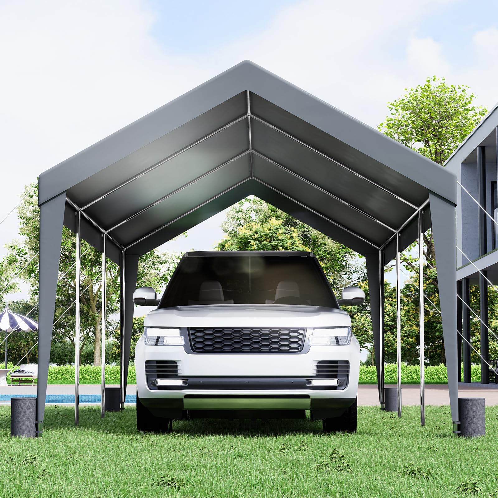 VEVOR 10x20ft Heavy Duty Carport Canopy - UV Resistant Waterproof Shelter for Cars, SUVs, Trucks & Boats | Reinforced Frame with 8 Poles & 4 Weight Bags | Perfect for Outdoor Parking, Parties & Events