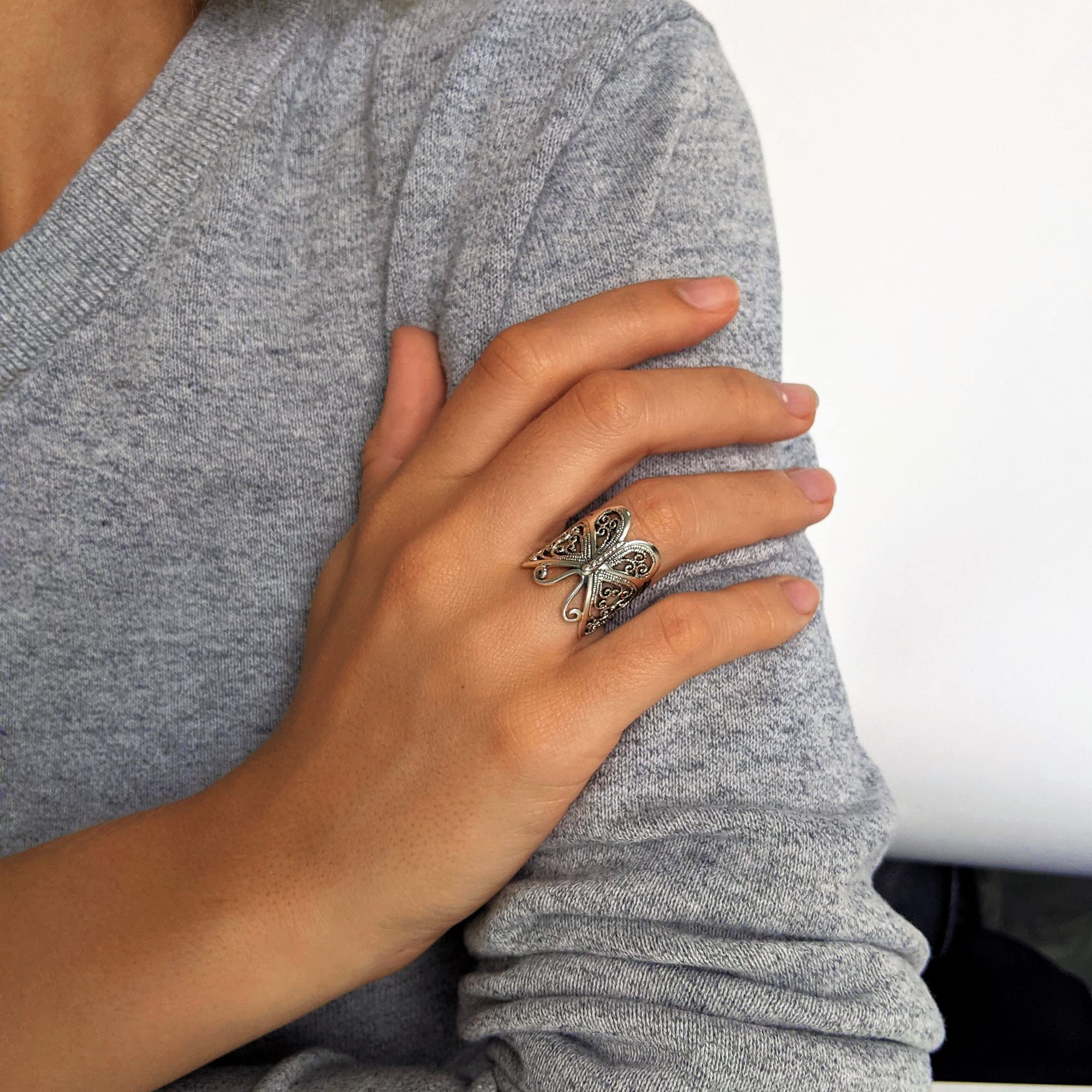 925 Sterling Silver Butterfly Ring for Women - Elegant 22.7mm Filigree Promise Ring, Thumb Ring & Bridesmaid Jewelry - Perfect for Weddings, Parties & Everyday Wear