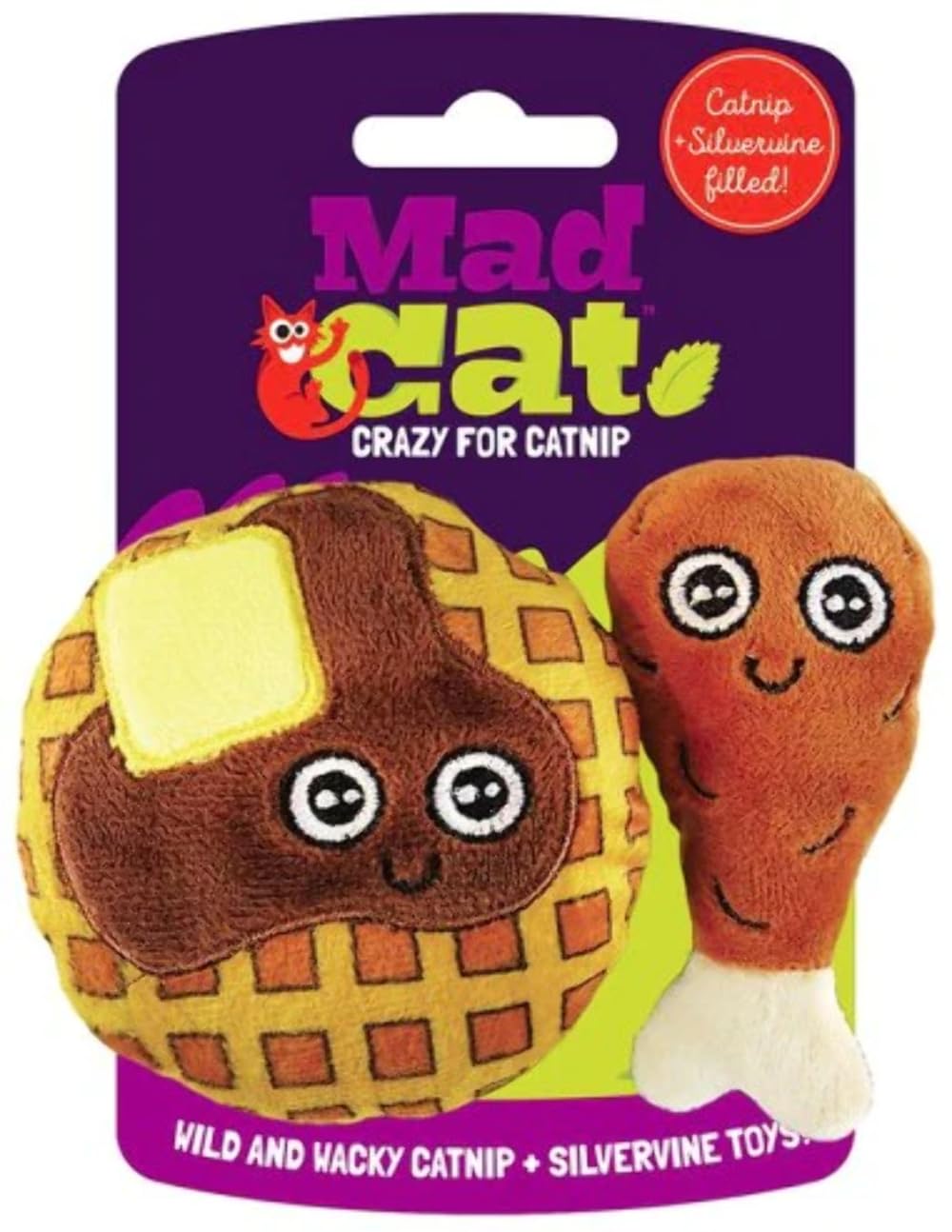Mad Cat Chicken and Waffles Catnip & Silvervine Plush Cat Toy - Interactive Kitten Plaything for Indoor Cats, Stress Relief & Playtime Fun