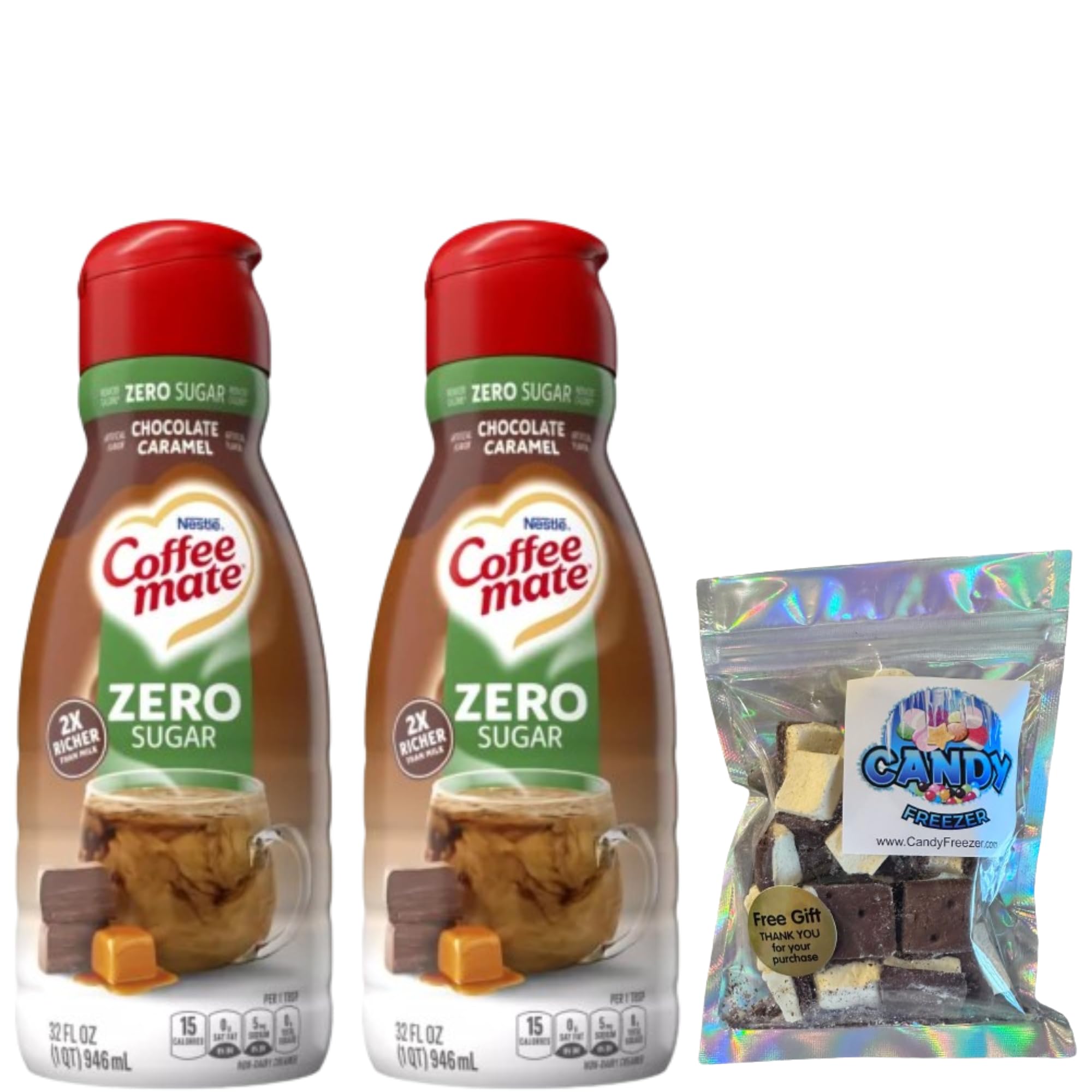 Sugar-Free Liquid Coffee Creamer Bundle - 2 x 32oz Bottles CoffeeMate Creamer + Freeze Dried Ice Cream Bites (Chocolate Caramel) | Zero Sugar, Keto-Friendly | Perfect for Coffee, Baking & Dessert Toppings
