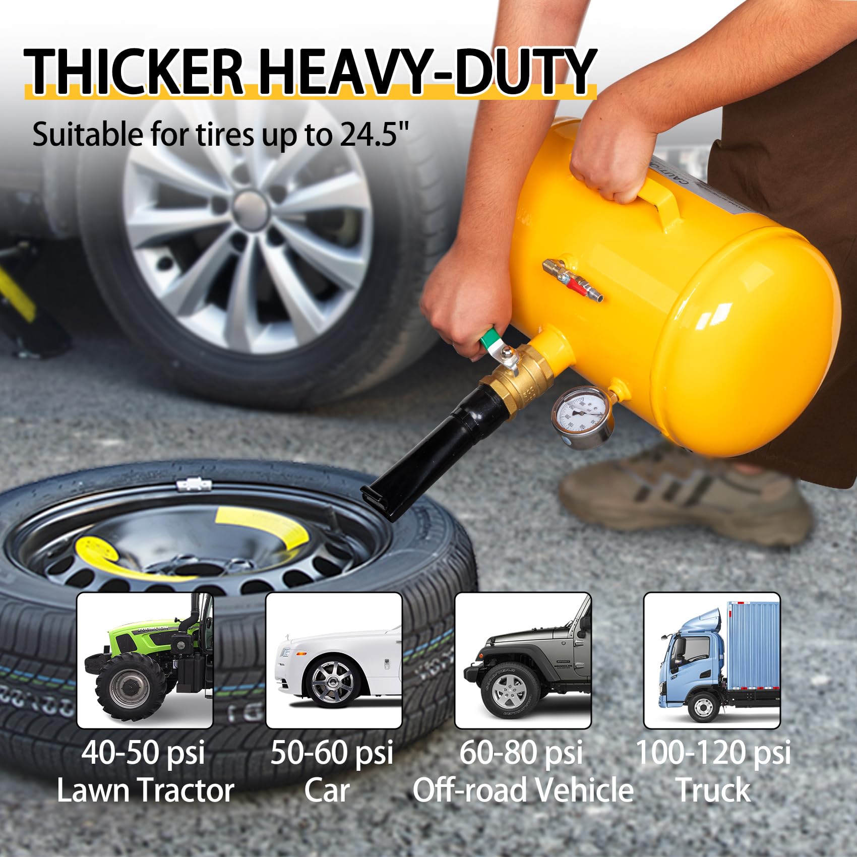 10 Gallon Compact High Air Bead Seater - Heavy Duty Tire Inflator Blaster for Truck & Tractor Tires | Fast Bead Setting Tool for ATV, UTV & Off-Road Vehicles | Ideal for Farm, Construction & Emergency Roadside Repairs (Yellow)