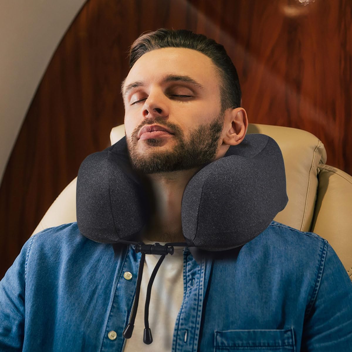 NapFun Upgraded 100% Pure Memory Foam Travel Neck Pillow for Airplane Sleeping - Ergonomic Headrest Support for Long Flights, Portable Travel Accessory (Full Black) - Perfect for Business Trips, Road Trips & Camping