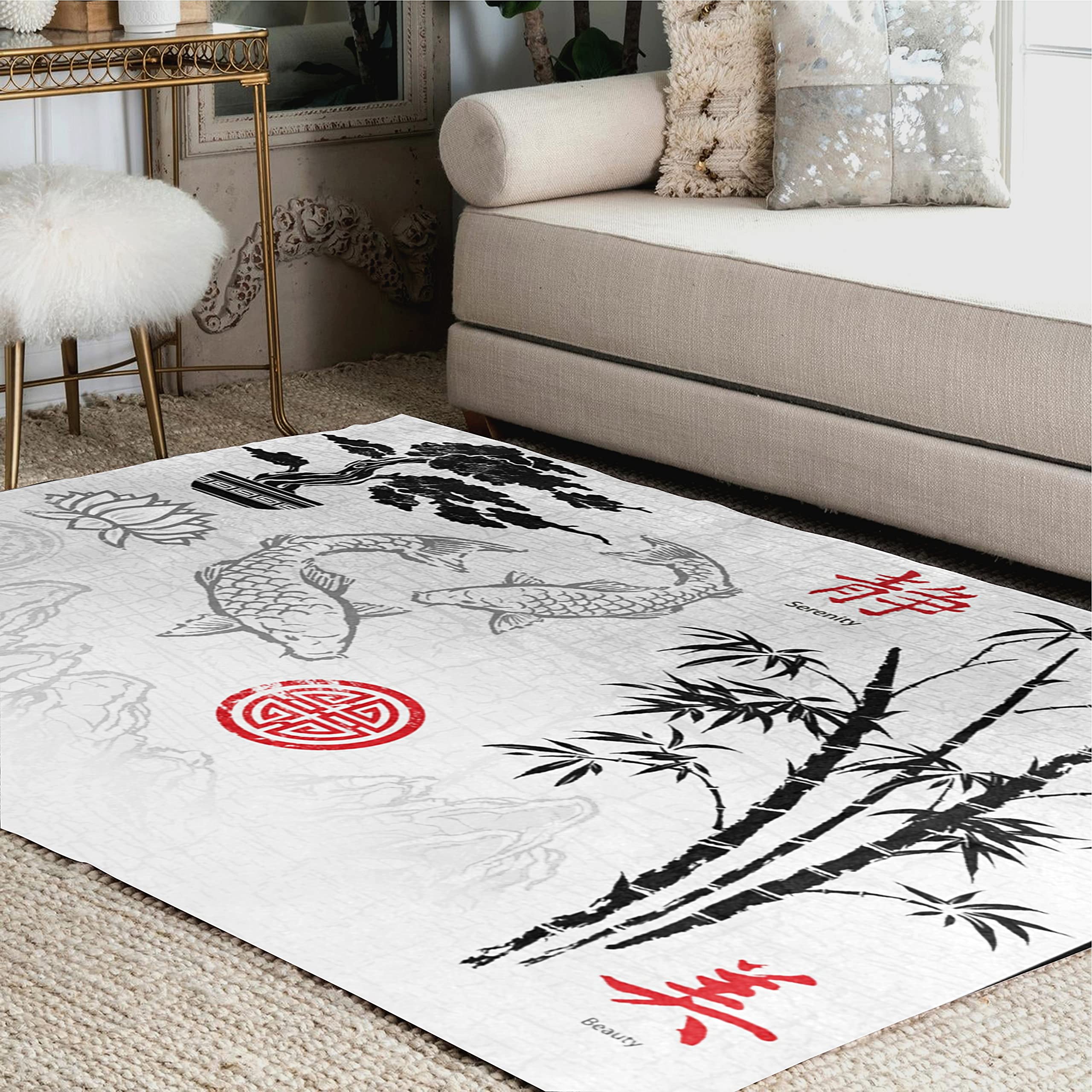ALAZA Asian Style Koi Fish & Mountain Oil Painting Area Rug - 7'x5' Non-Slip Living Room & Bedroom Carpet - Perfect for Home Decor, Meditation Spaces & Zen Interior Design