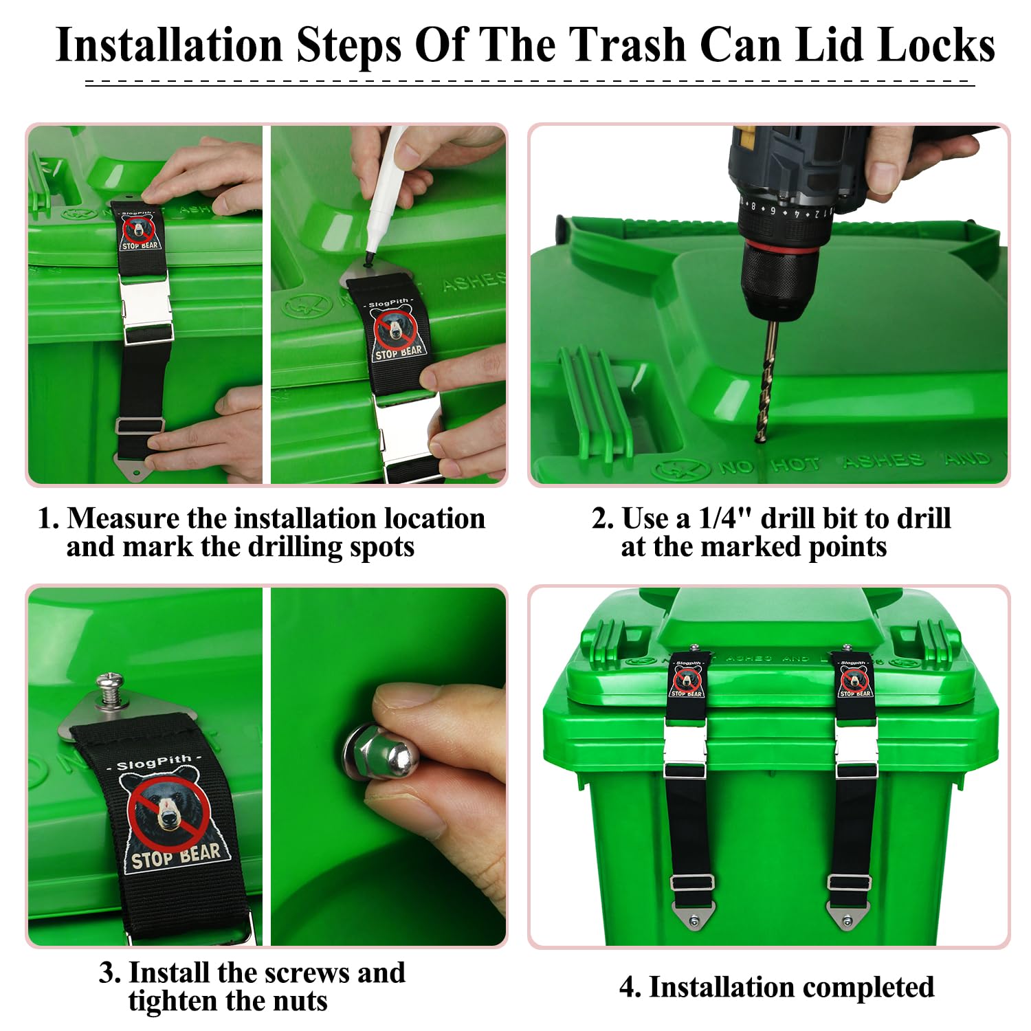 2 Pack Secure Trash Can Lid Lock - Adjustable Bear Proof Garbage Bin Lock for Outdoor Use, Black Bear & Raccoon Resistant with Upgraded Self-Tapping Screws - Fits Multiple Can Sizes - Perfect for Camping, Backyard, and Wildlife Areas